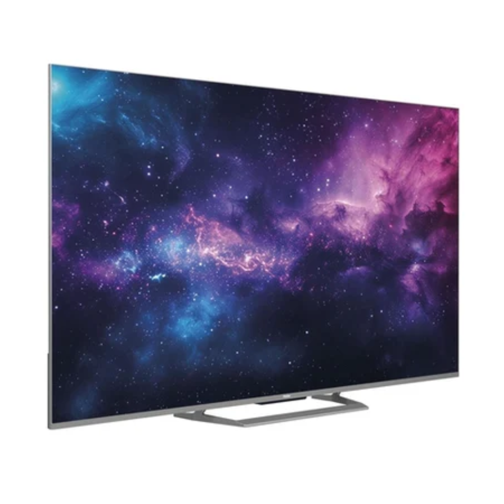 Un televisor moderno que muestra una imagen de galaxia en su pantalla.