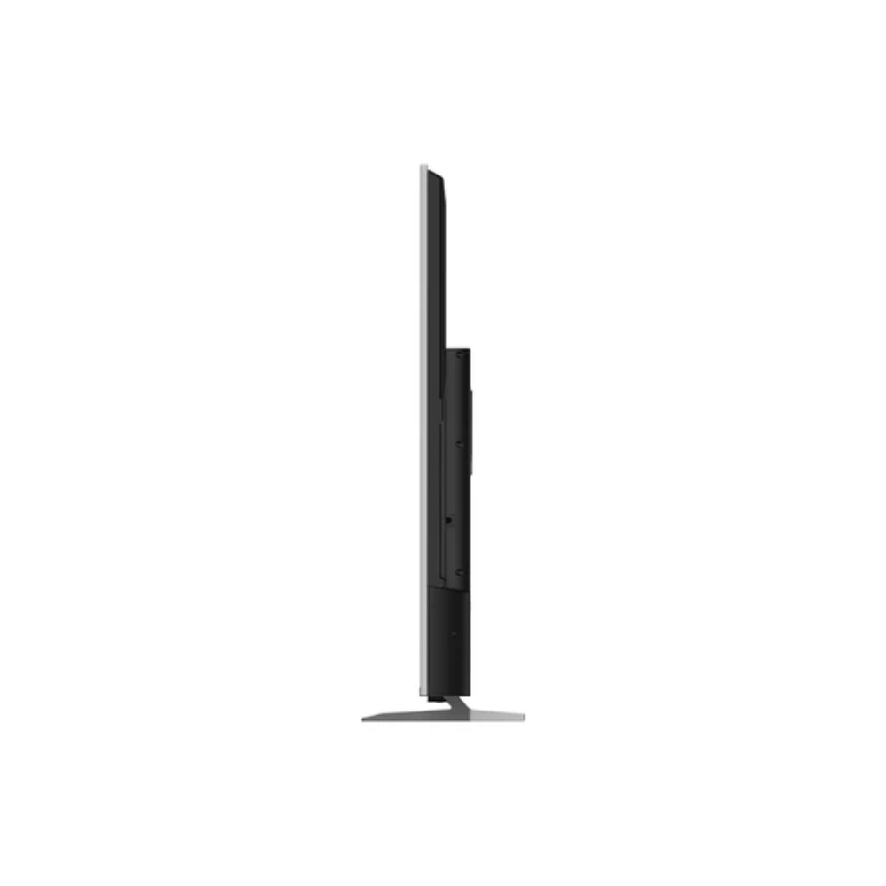 Un televisor delgado y negro con soporte metálico, visto de lado.
