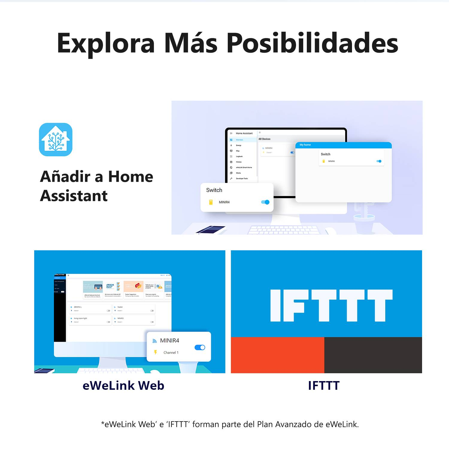 Interfaces de Home Assistant, eWeLink Web y IFTTT en pantallas.