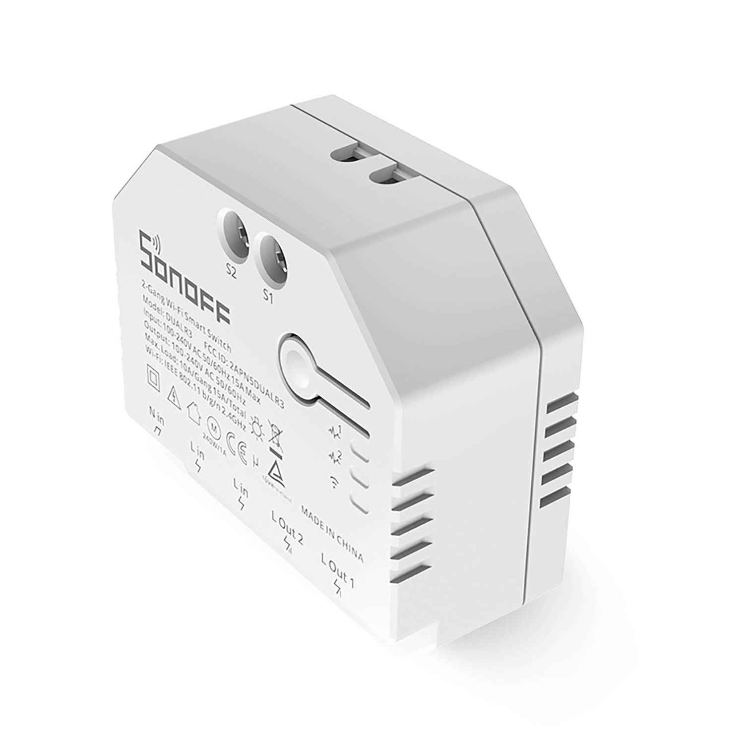 Interruptor inteligente Wi-Fi Sonoff DUALR3 blanco de 2 bandas con puertos y etiquetas.