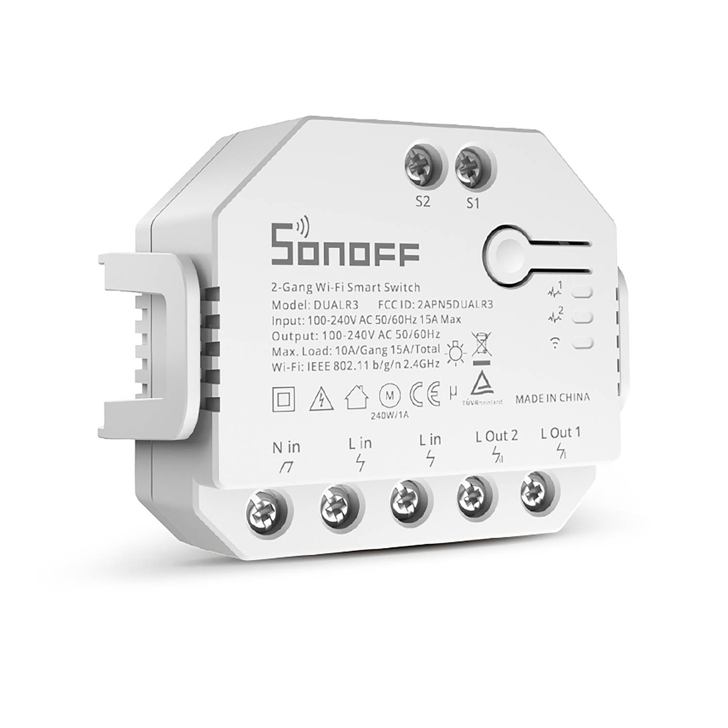 Interruptor inteligente Wi-Fi Sonoff blanco de 2 bandas con terminales de tornillo.