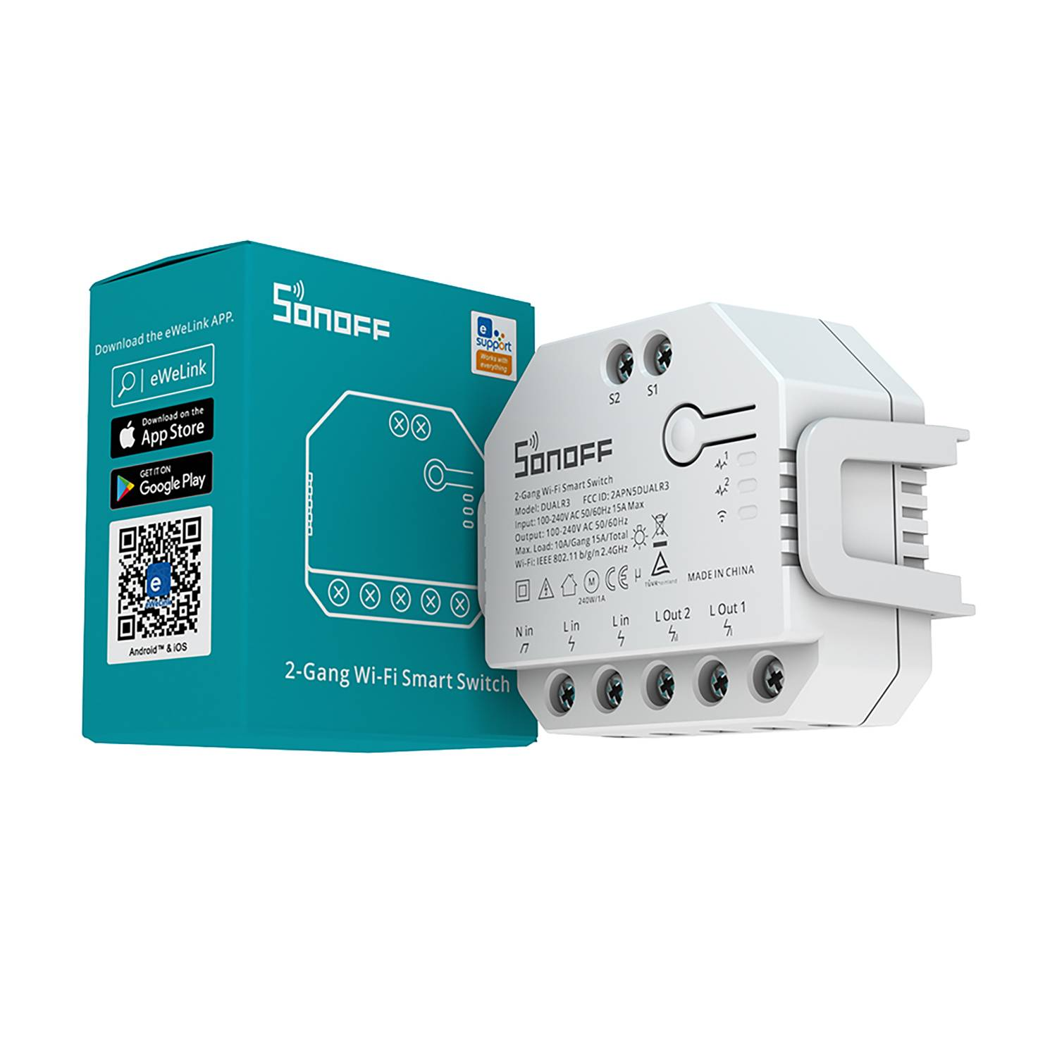 Interruptor inteligente Sonoff Wi-Fi de 2 bandas con embalaje y detalles.