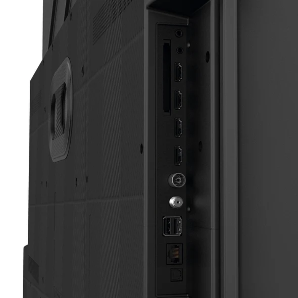Parte trasera de un televisor negro con puertos: HDMI, USB, Ethernet.