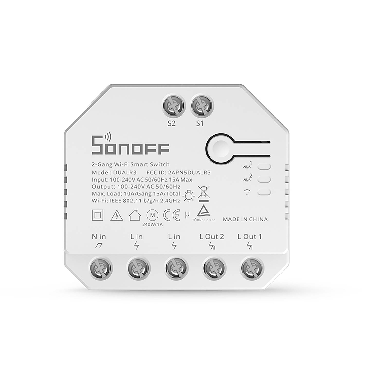 Interruptor inteligente Wi-Fi Sonoff DUALR3 blanco de 2 bandas con terminales y etiquetas.