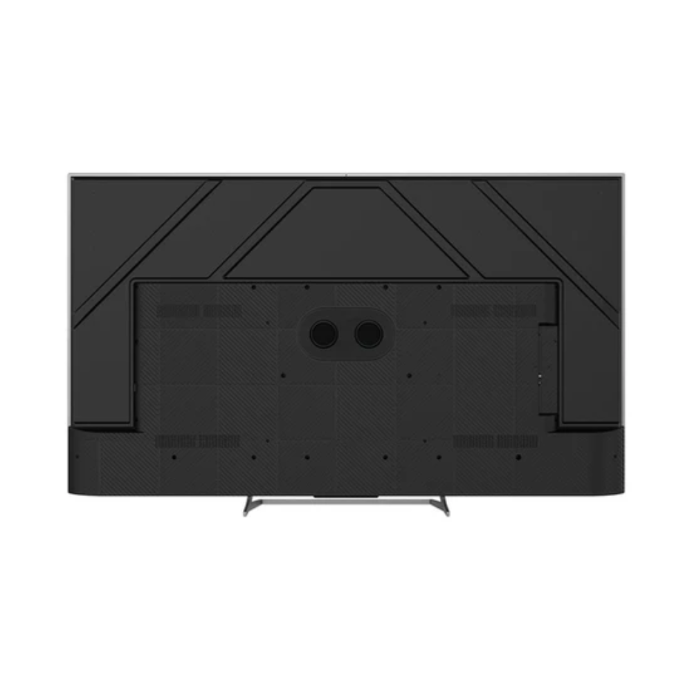 La parte posterior de un televisor negro con dos rejillas circulares para altavoces.