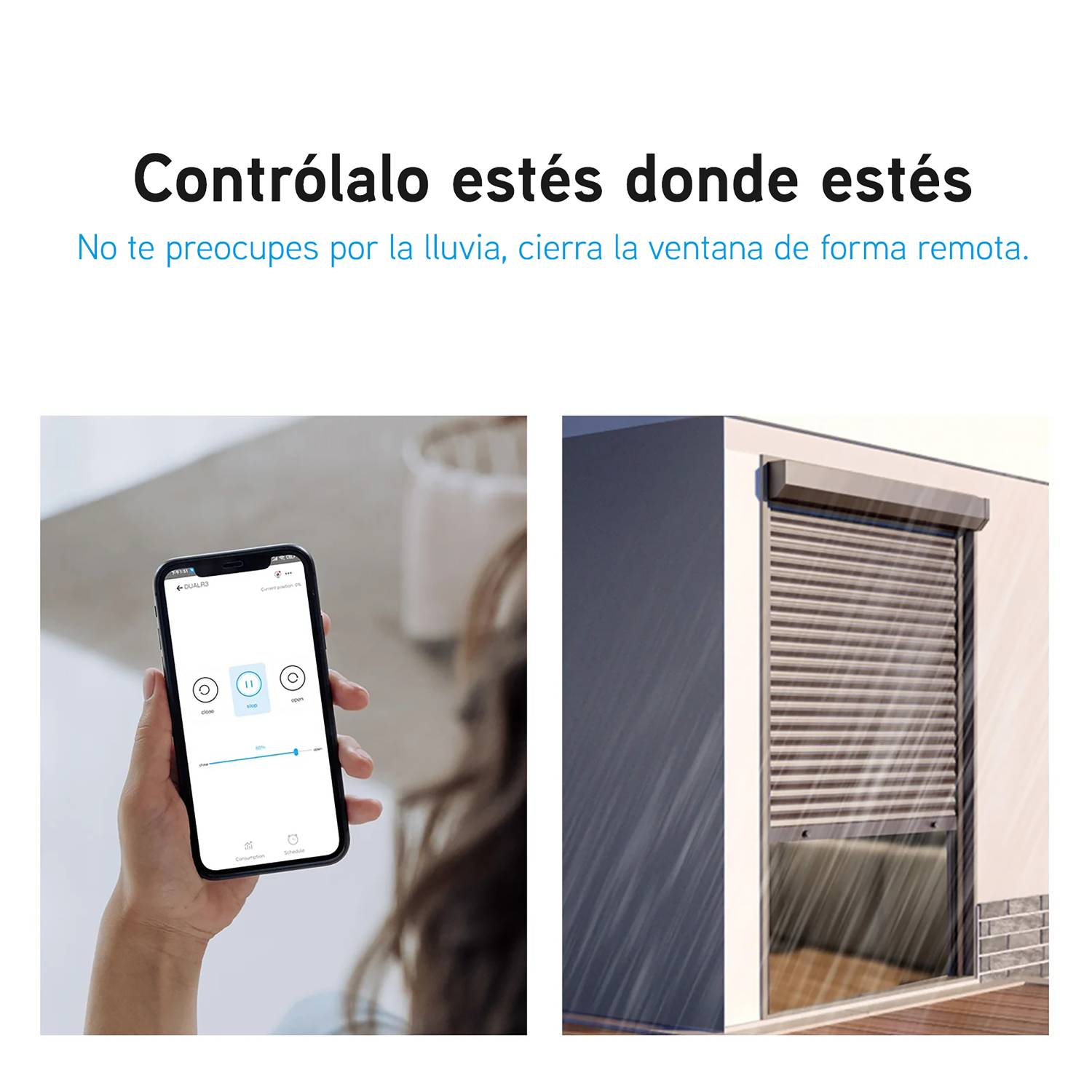 Mano sostiene smartphone con app persiana; persiana se cierra con lluvia.
