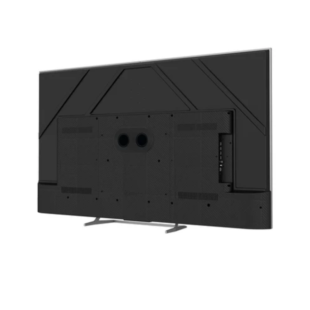 Parte trasera de un televisor negro con patas plateadas sobre fondo blanco.