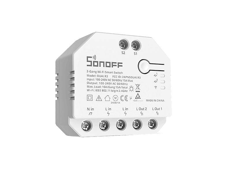 Interruptor inteligente - Sonoff DUALR3, Dos vías con Relé Dual, 15A, Wi-Fi, Blanco