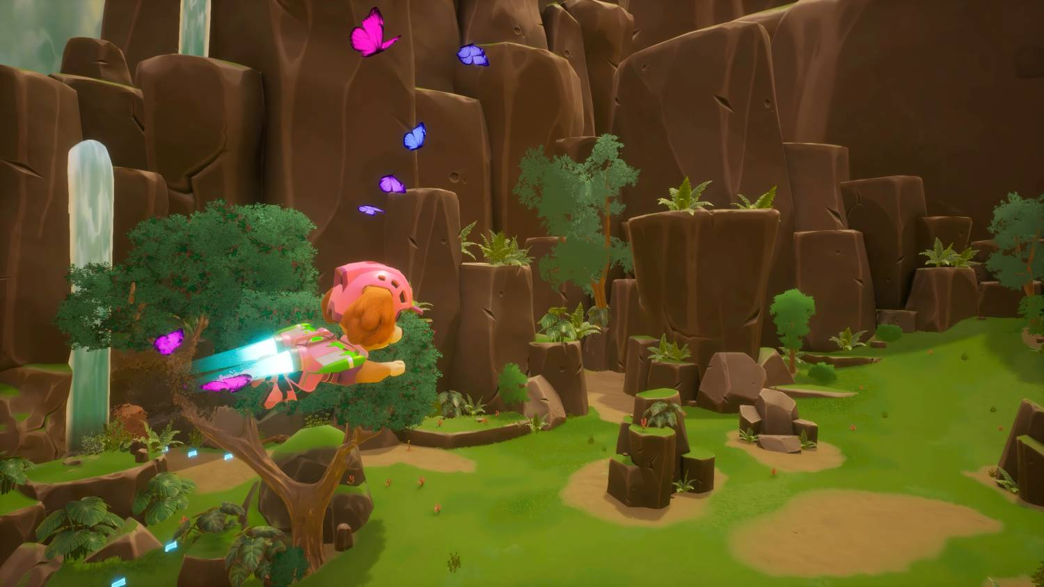 Un personaje en un vehículo volador pasa junto a rocas y mariposas.