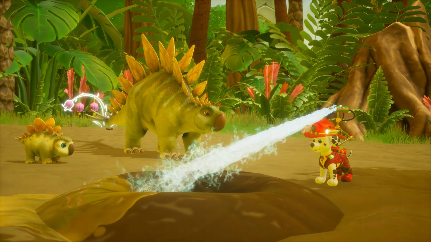 Un perro rocía agua sobre dinosaurios en una jungla.