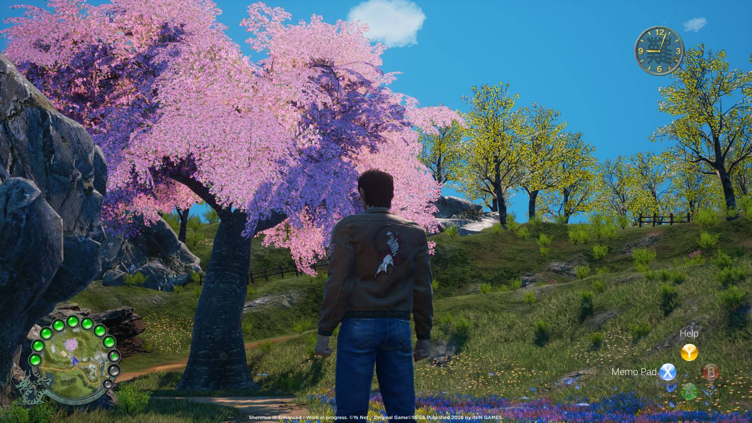 Un hombre delante de un cerezo en flor en un paisaje montañoso con árboles amarillos.