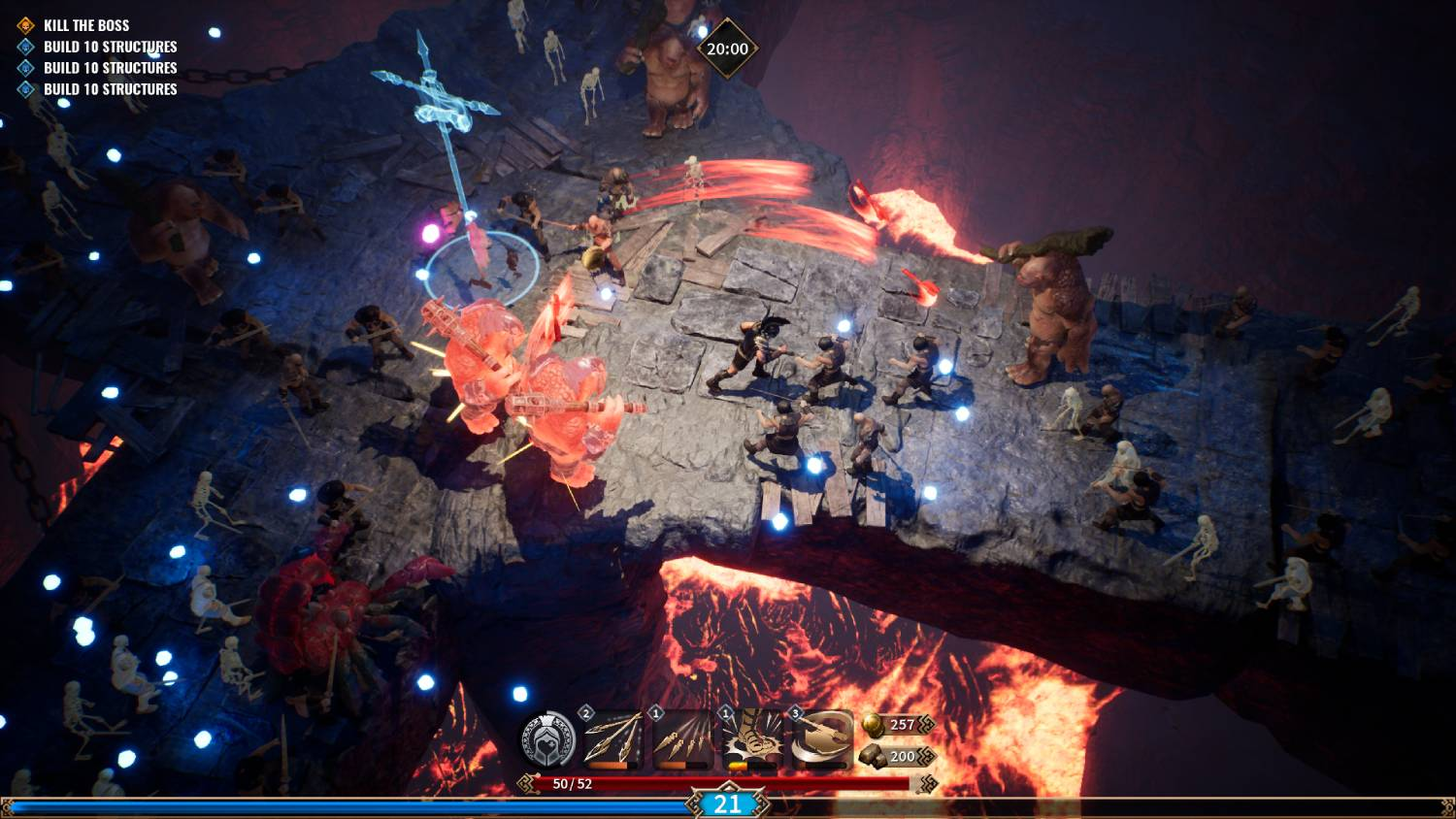 Personajes del jugador luchan contra monstruos en una cueva con lava y esqueletos.