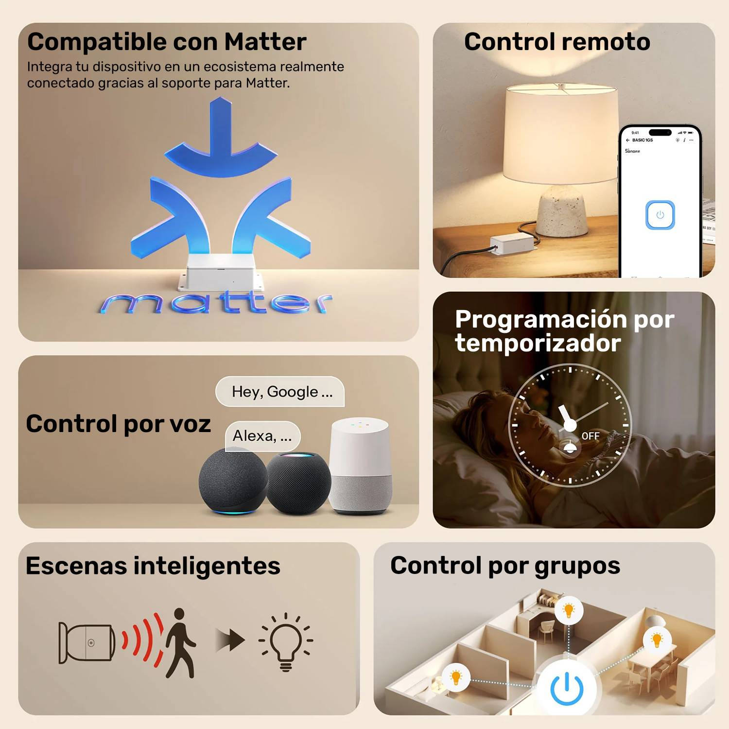 Funciones de hogar inteligente: logo Matter, control remoto, voz, temporizador, escenas, grupos.
