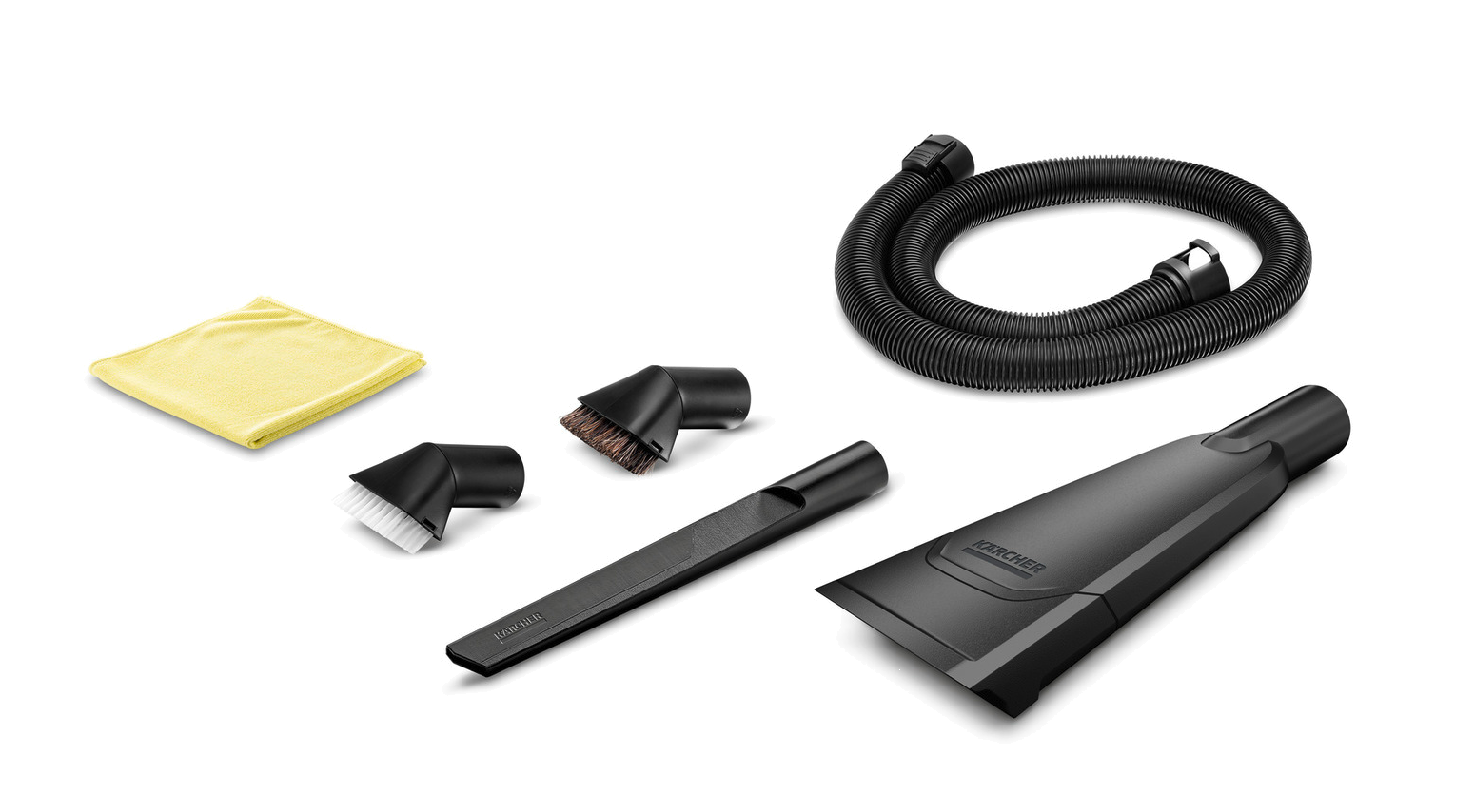 Żółta ściereczka z mikrofibry, wąż i różne dysze Kärcher na czarnym tle.