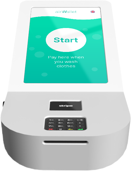 Ein Wäscheautomat mit Touchscreen-Display, das „Start“ und „Hier bezahlen“ anzeigt.