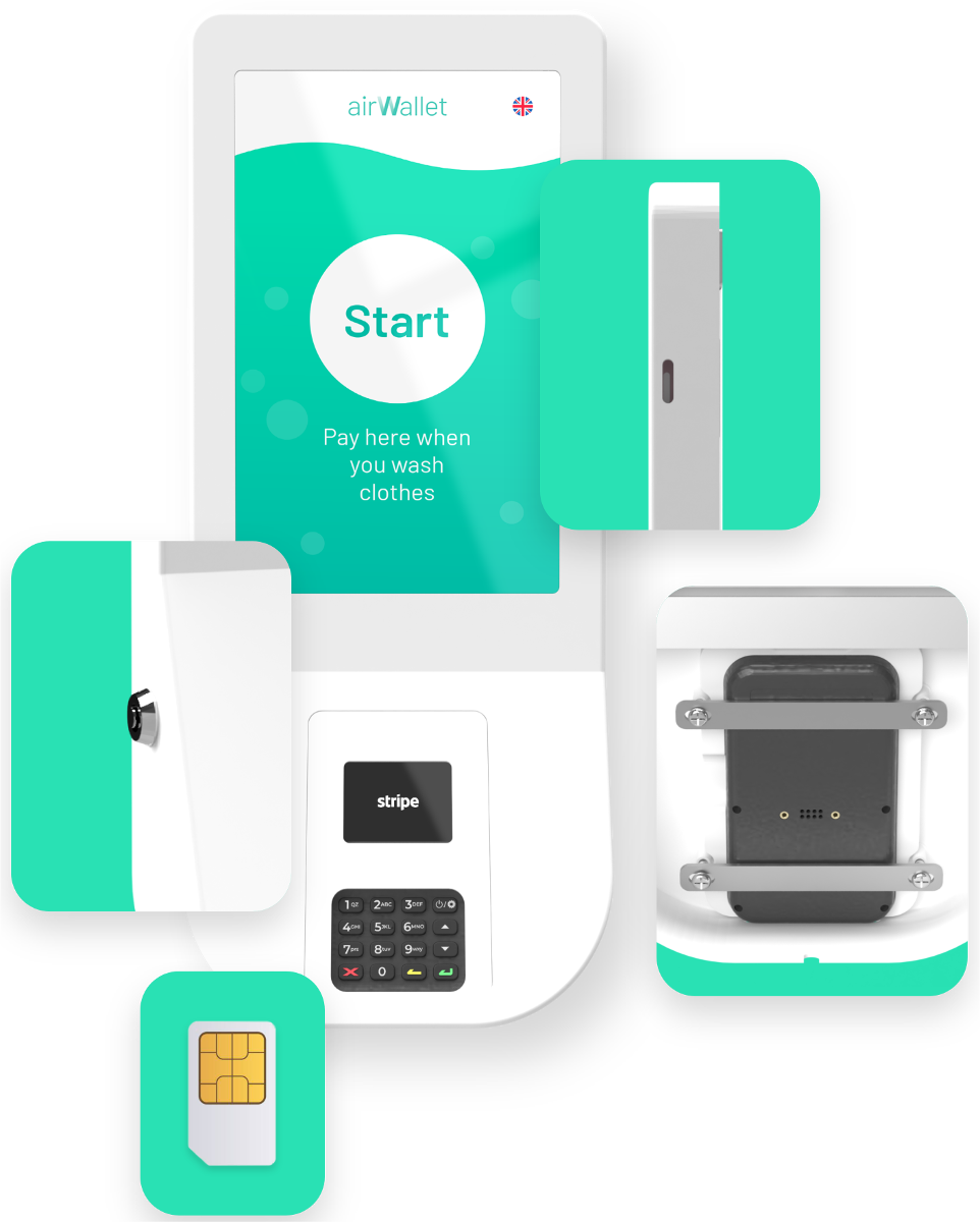 Ein Zahlungsautomat mit "Start"-Bildschirm, Tastatur, SIM-Karte und internen Komponenten.