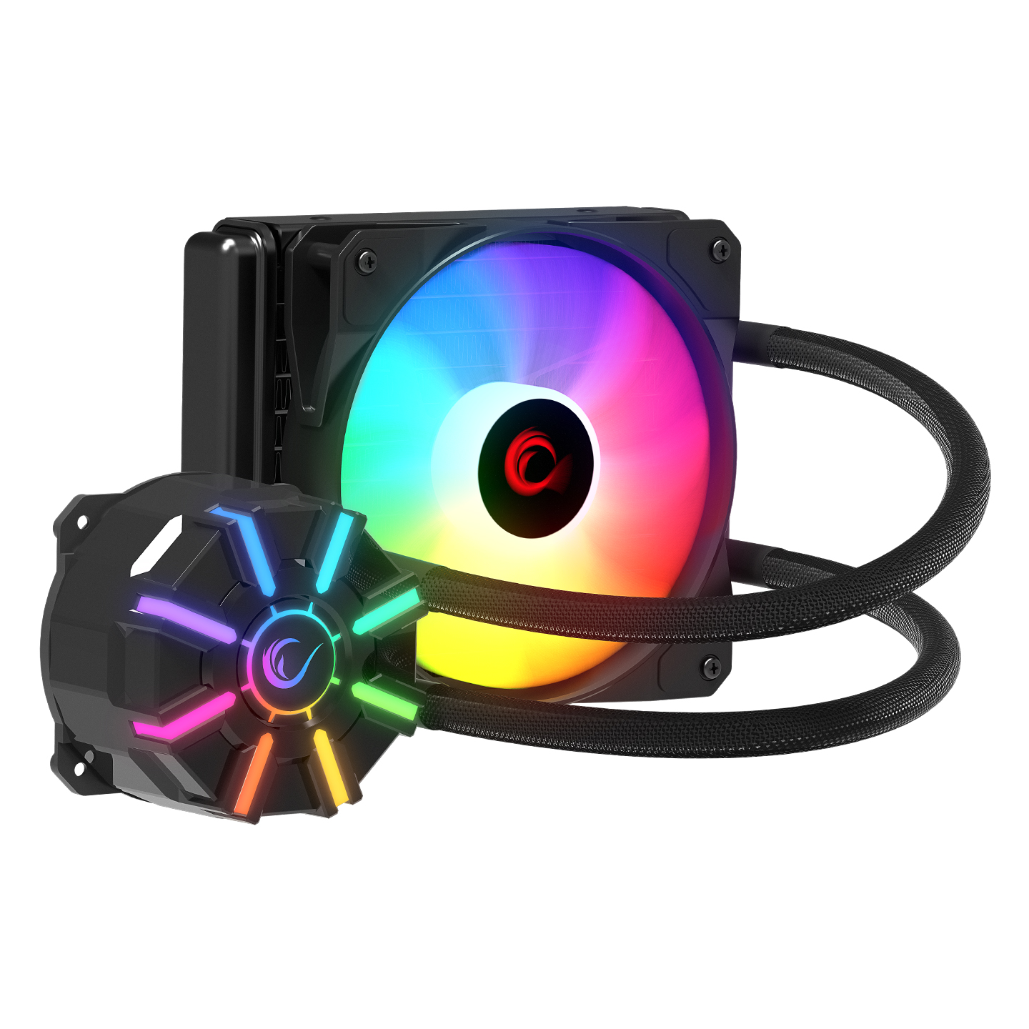 Beyaz arka plan üzerinde RGB aydınlatmalı ve iki fanlı siyah CPU soğutucu.