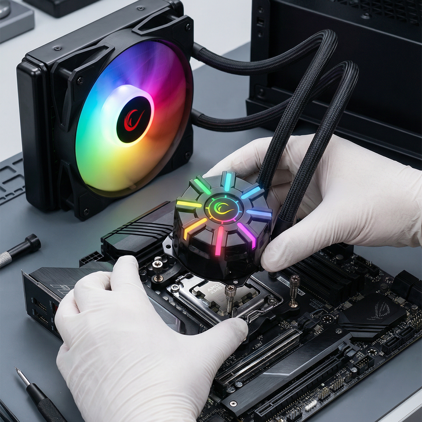 Beyaz eldivenli eller, anakarta RGB ışıklı bir CPU soğutucu takıyor.