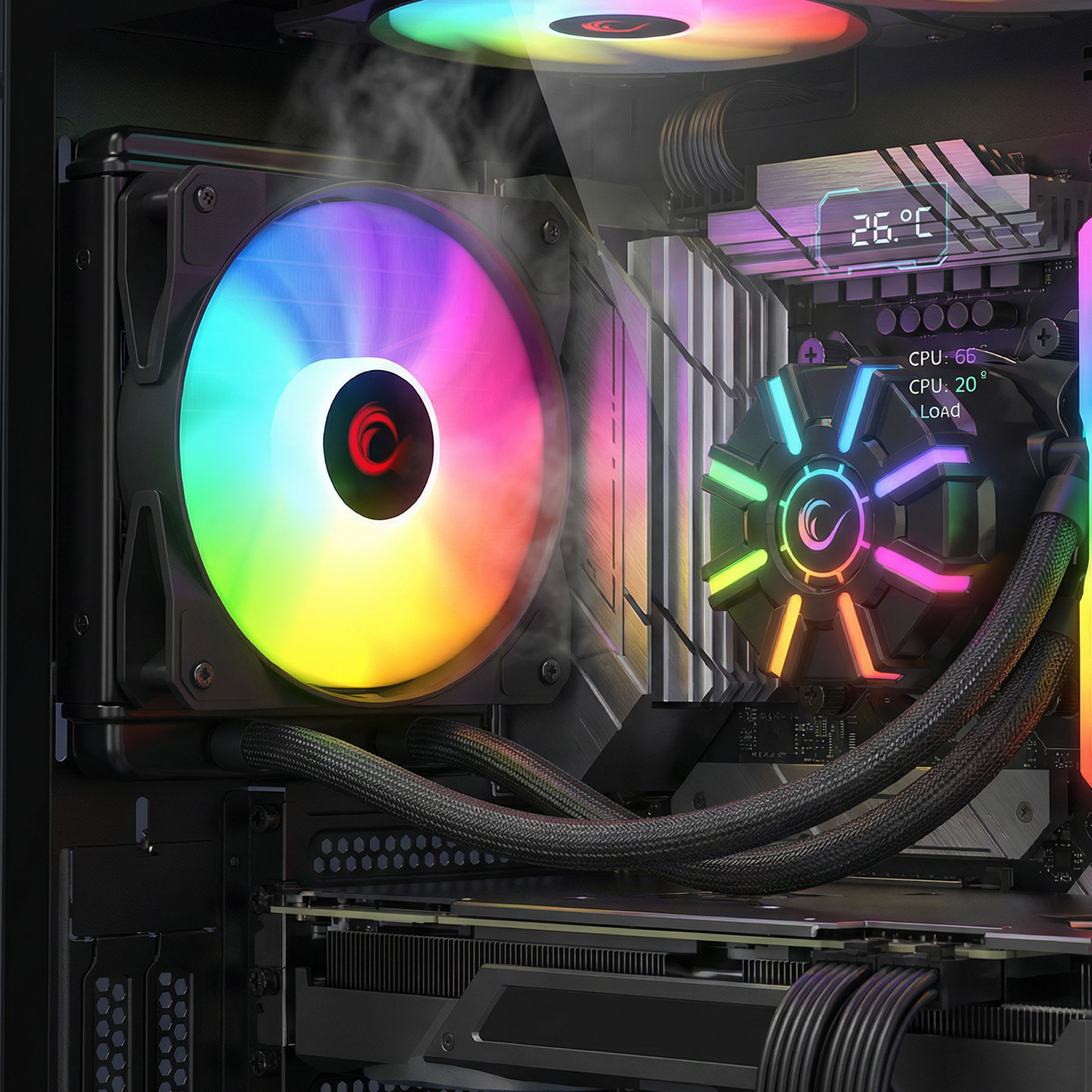 RGB fanlar, sıvı soğutma ve dijital ekranlar içeren bir PC kasası.