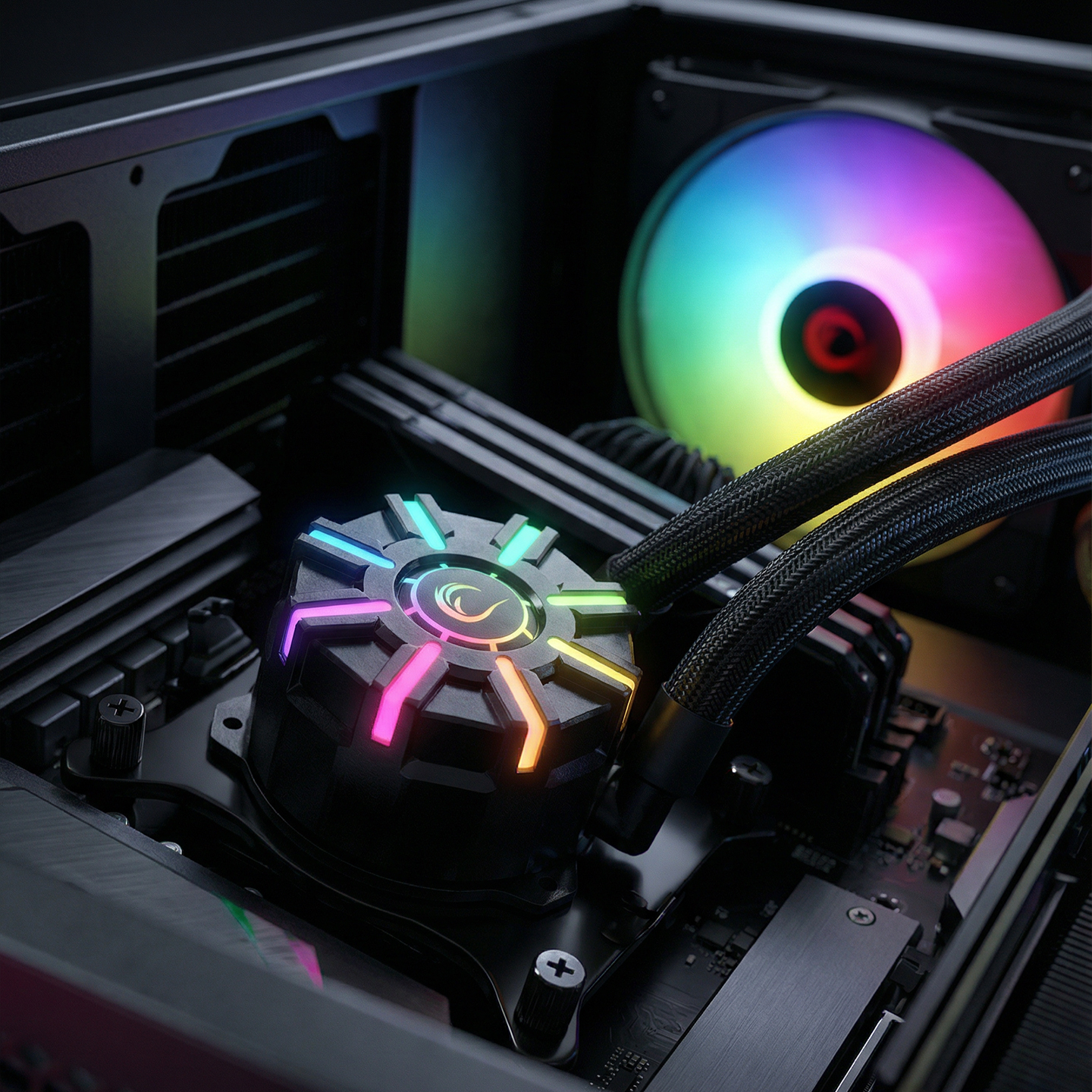 RGB aydınlatmalı siyah bir bilgisayar sıvı soğutucu, fanlı bir anakartın üzerinde duruyor.