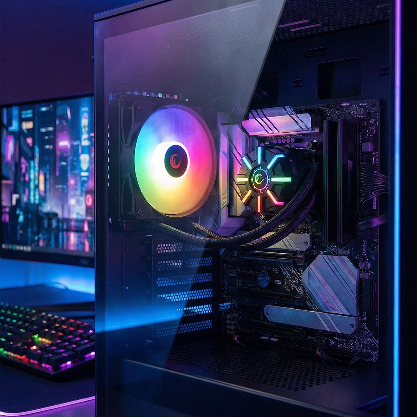 RGB fanlı, anakartlı ve klavyeli aydınlatılmış bir bilgisayar.