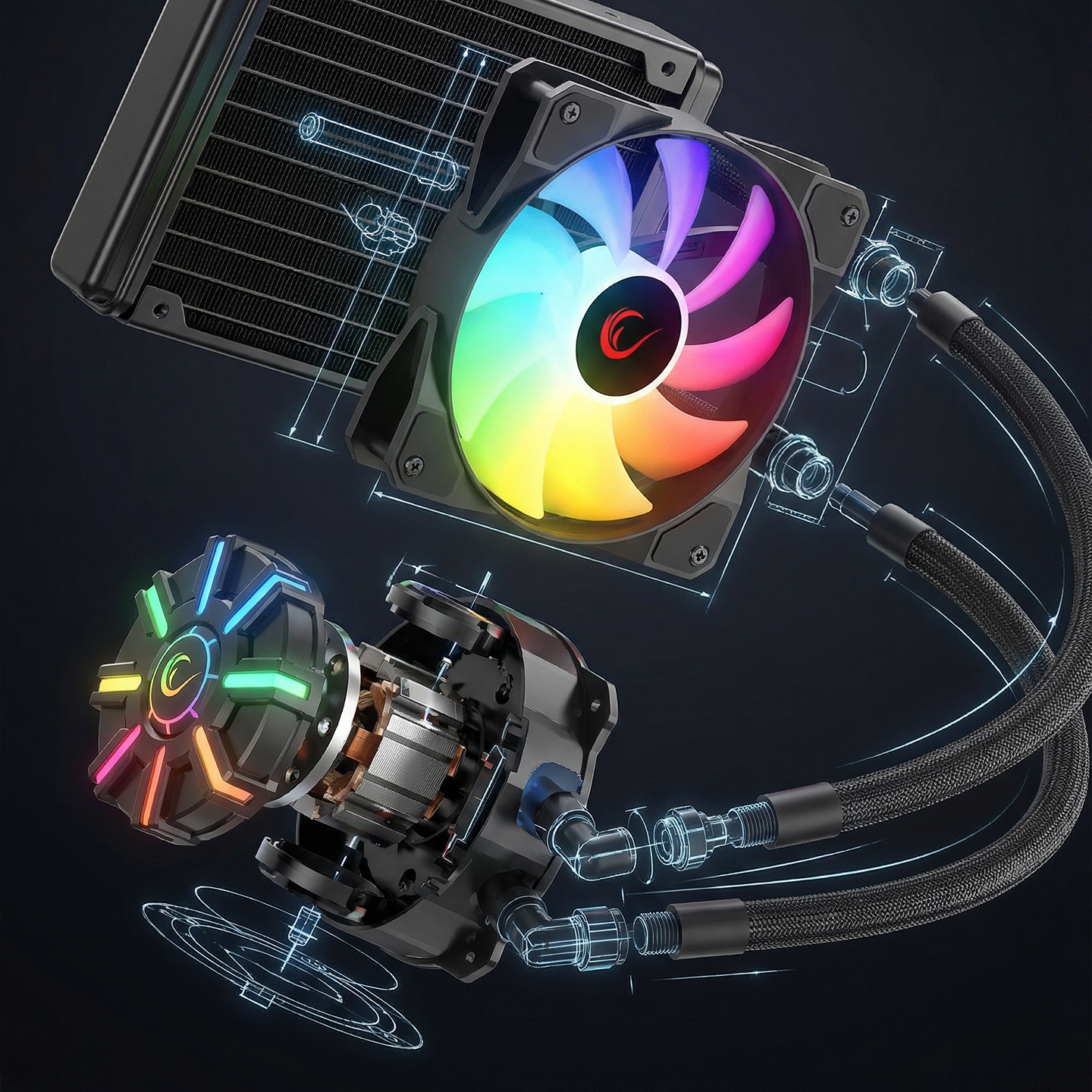 RGB fanlı ve pompalı bir bilgisayar CPU soğutucusu, ayrıntılı olarak gösteriliyor.
