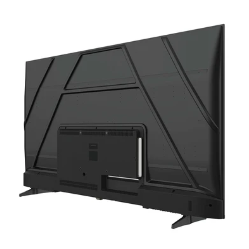 La parte trasera de un televisor negro con un patrón texturizado y una caja integrada.