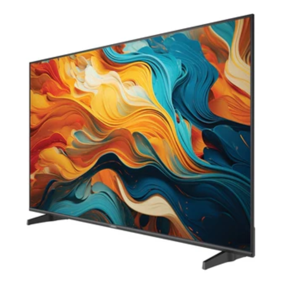 Un televisor moderno de pantalla plana que muestra una imagen abstracta y vibrante.