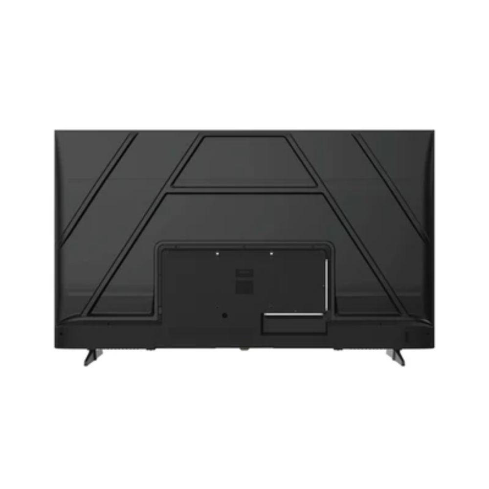 Parte trasera de un televisor negro con patrón geométrico y puertos.