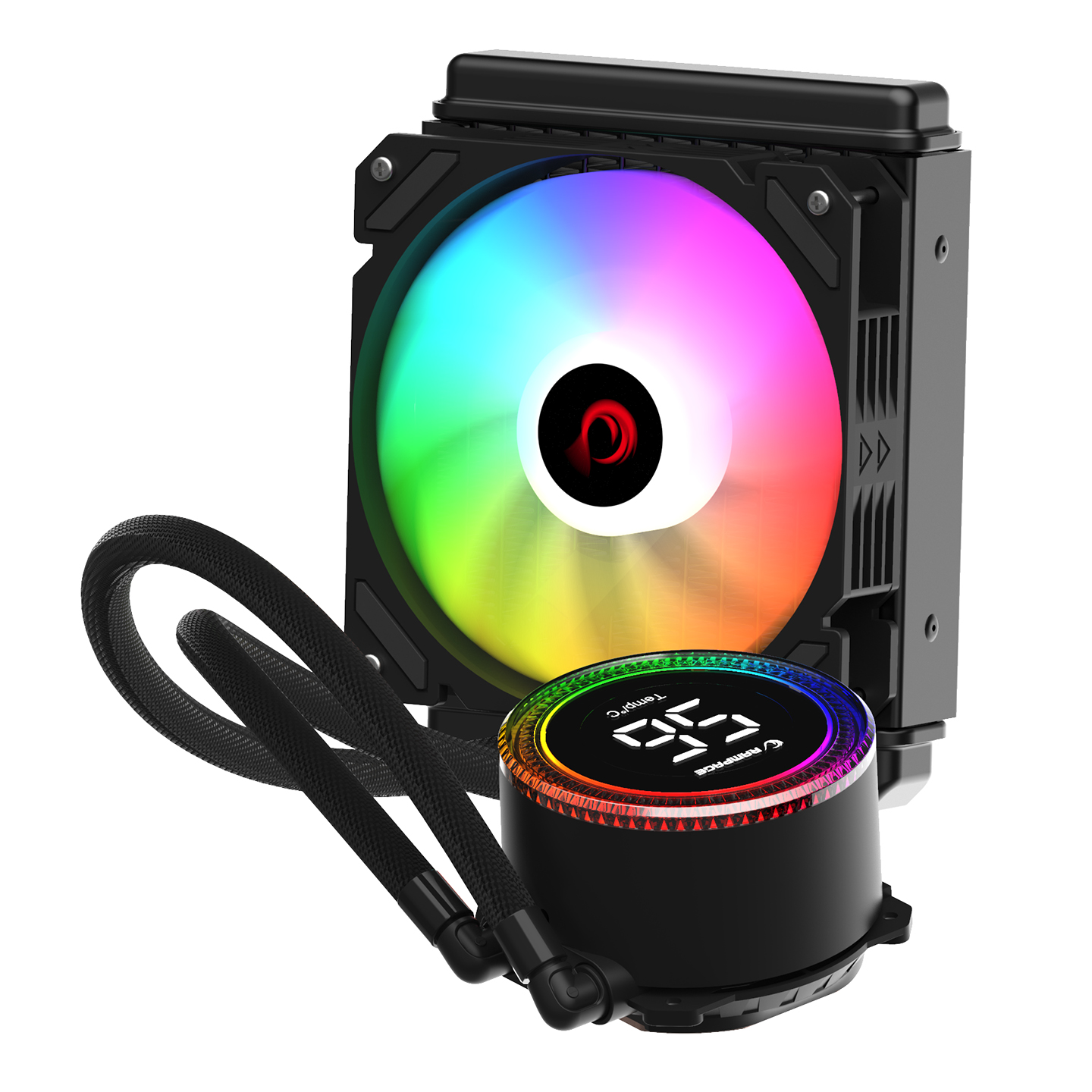 RGB aydınlatmalı ve dijital ekranlı siyah bilgisayar fanı.