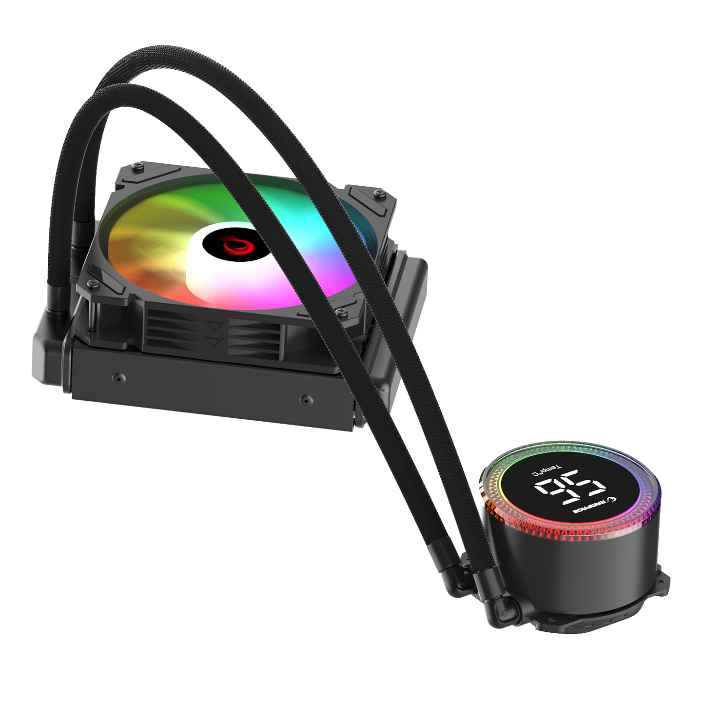 RGB fanlı ve dijital sıcaklık göstergeli siyah bilgisayar CPU soğutucu.