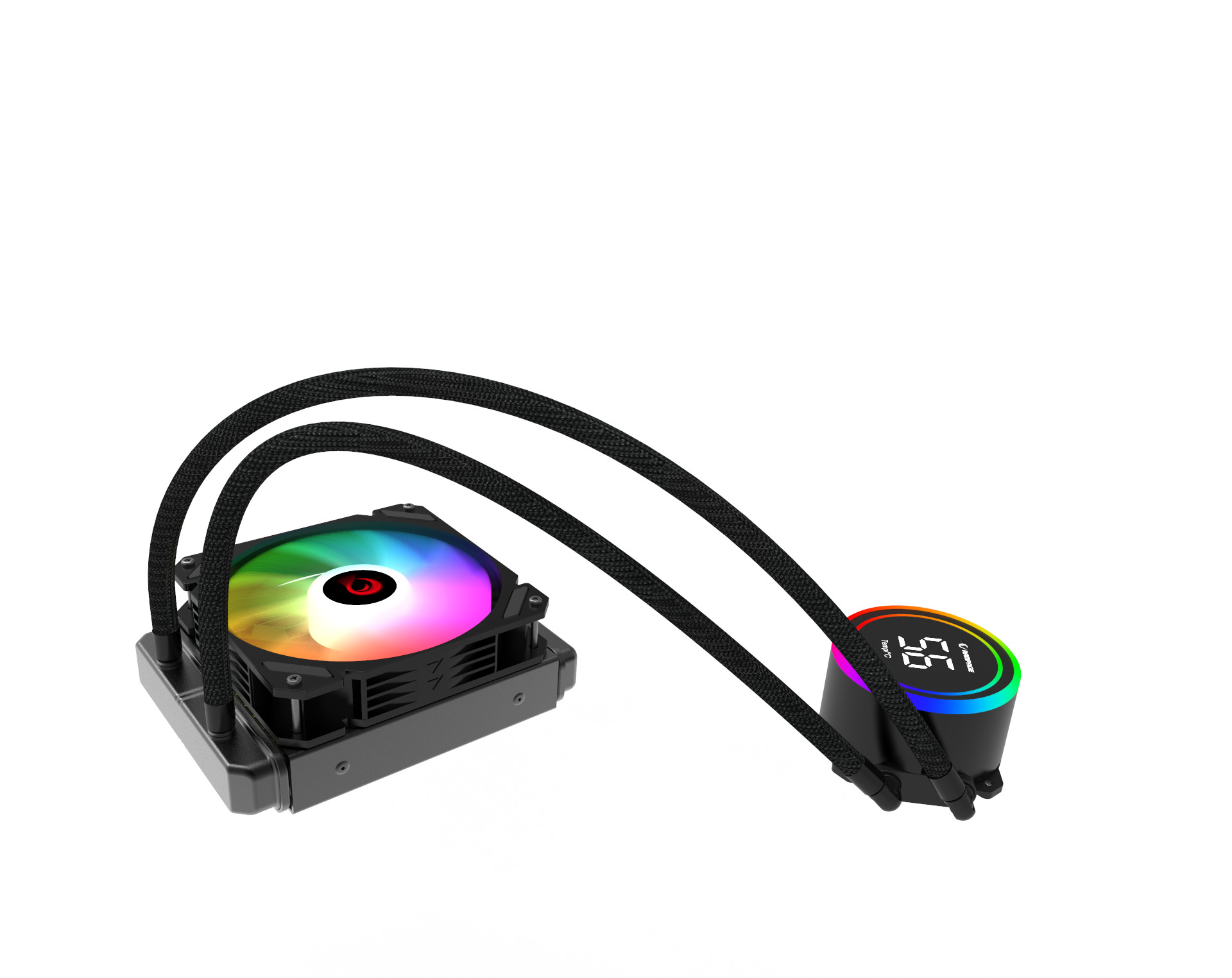 RGB fanlı ve dijital sıcaklık göstergeli siyah CPU soğutucu.