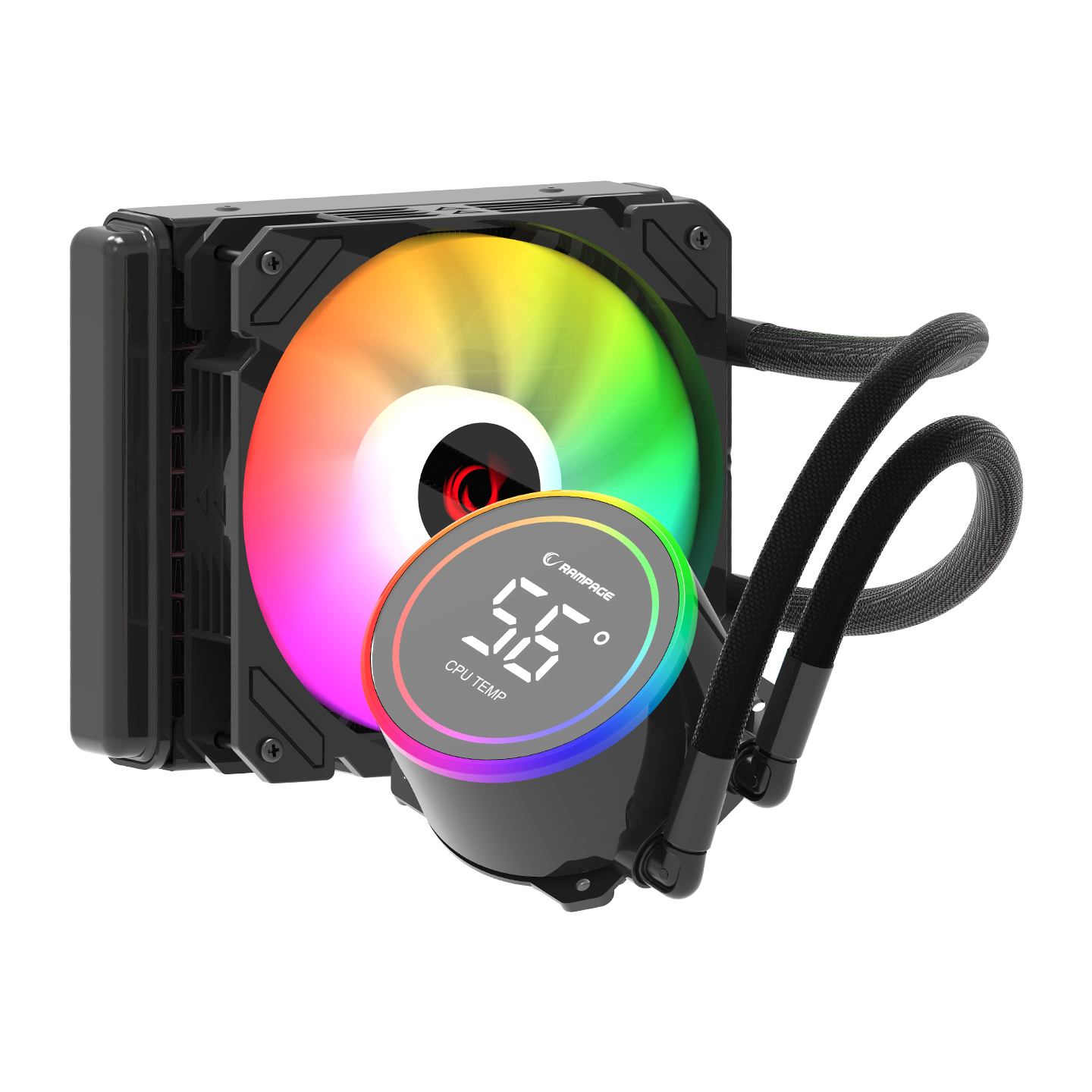 Gökkuşağı RGB fanlı ve dijital sıcaklık göstergeli siyah bilgisayar CPU soğutucusu.