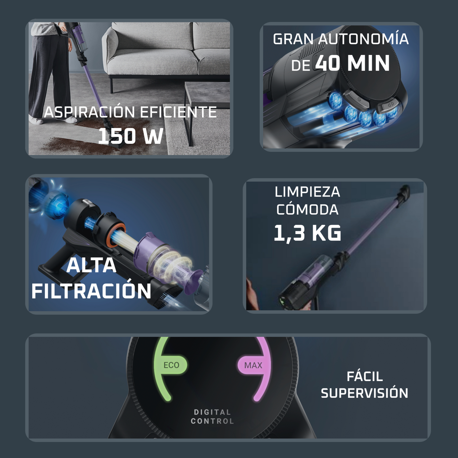 Aspiracion de 120 AW, 60 minutos de autonomia, tubo flexible, 1.1 kg, ajuste de potencia de succion