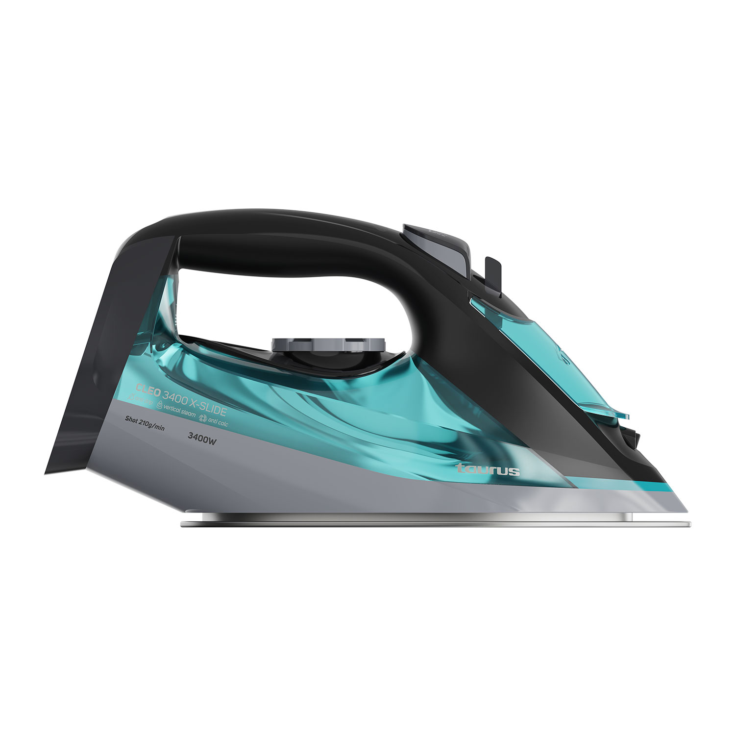 Una plancha Taurus negra y turquesa con texto que indica 3400W de potencia.