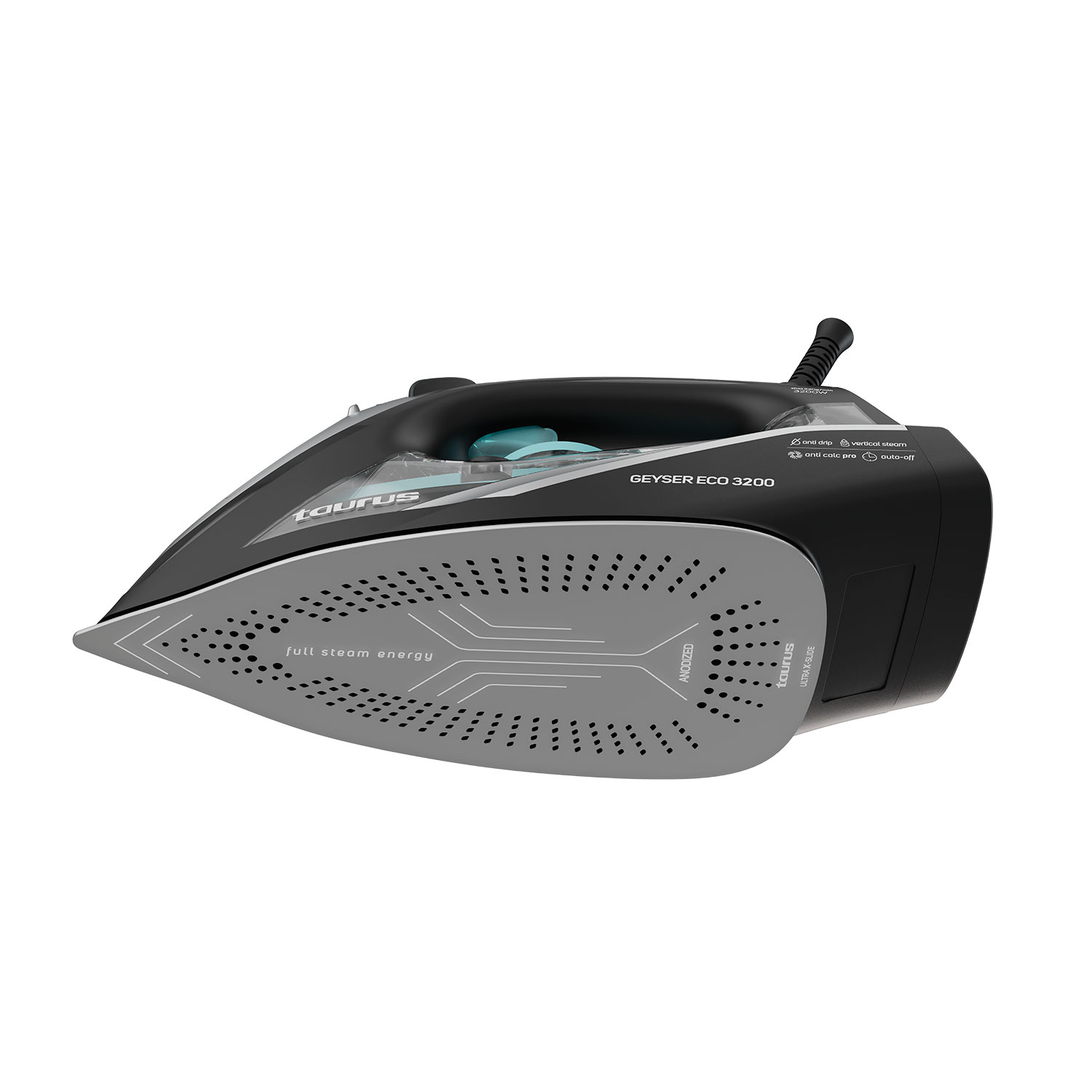 Plancha Taurus negra con suela gris, muestra 'full steam energy'.