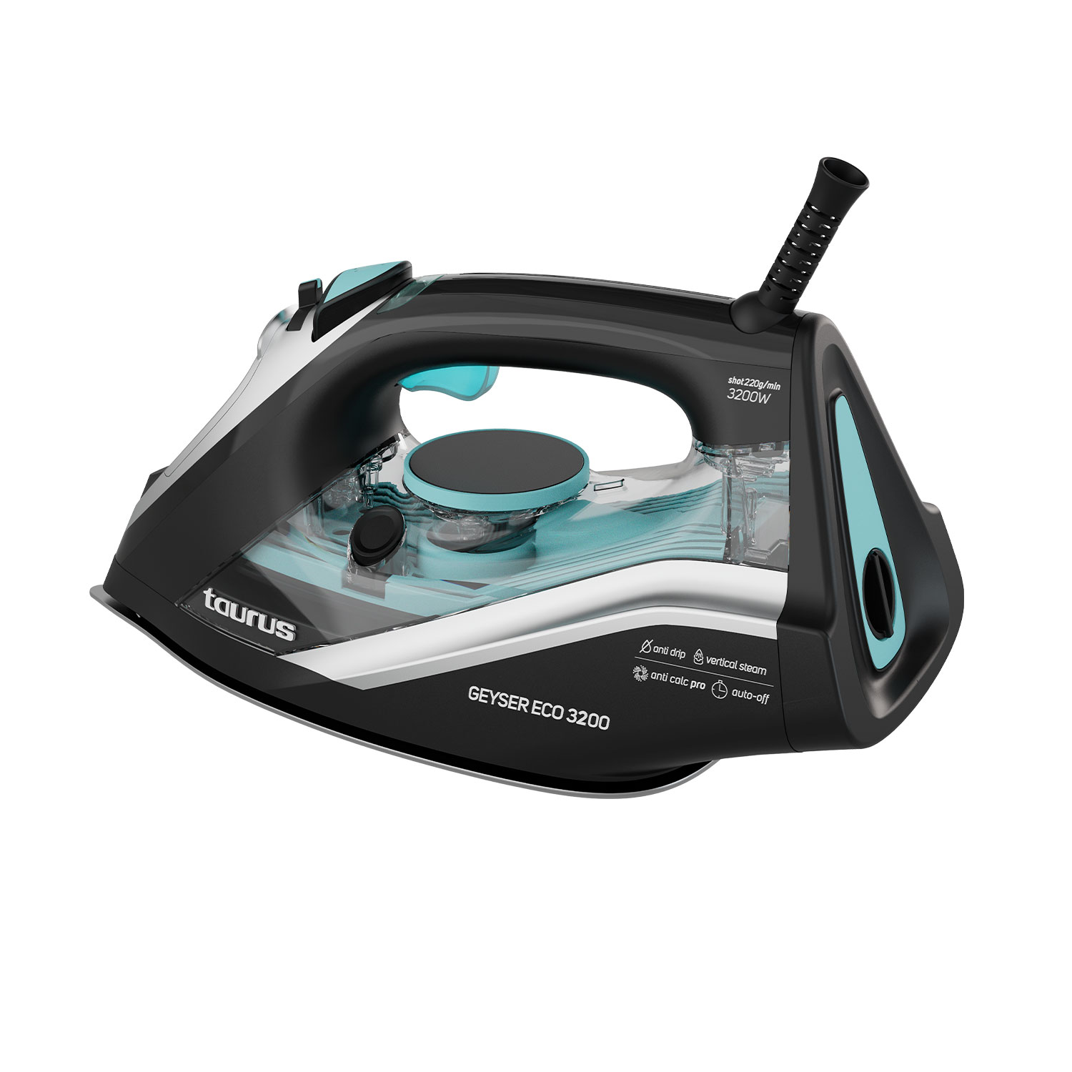 Plancha negra con detalles turquesa, marca Taurus, modelo GEYSER ECO 3200.