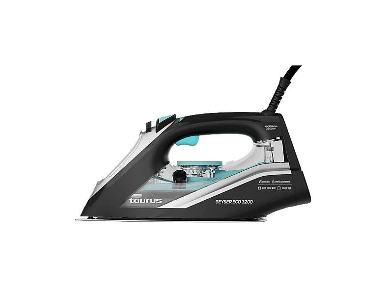 Plancha de vapor - Taurus Geyser Eco 3200, Sistema antigoteo, Autolimpieza y Autoapagado, Rápido calentamiento, 3200W, Suela anodizada, Azul