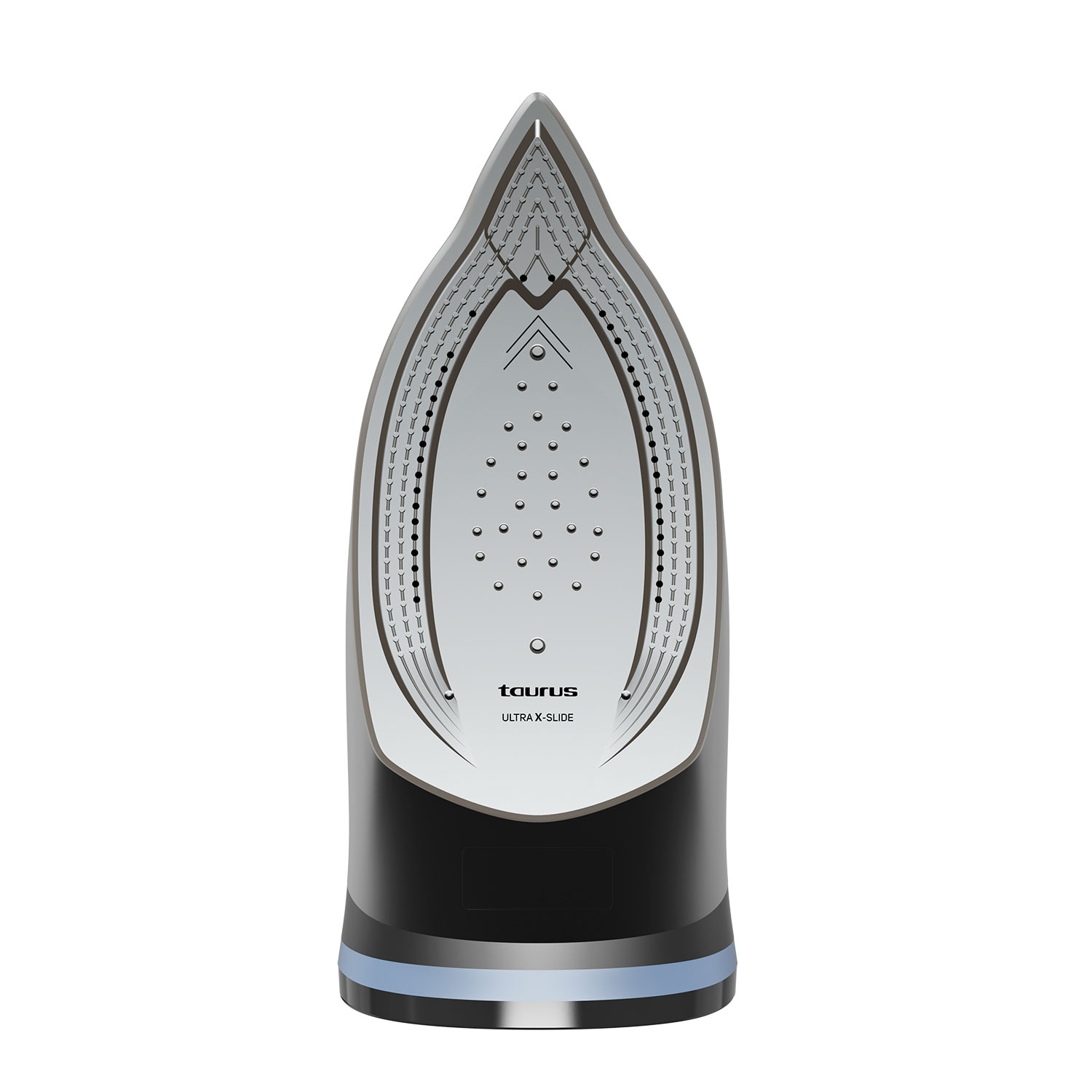Una plancha de vapor con suela plateada y mango negro.