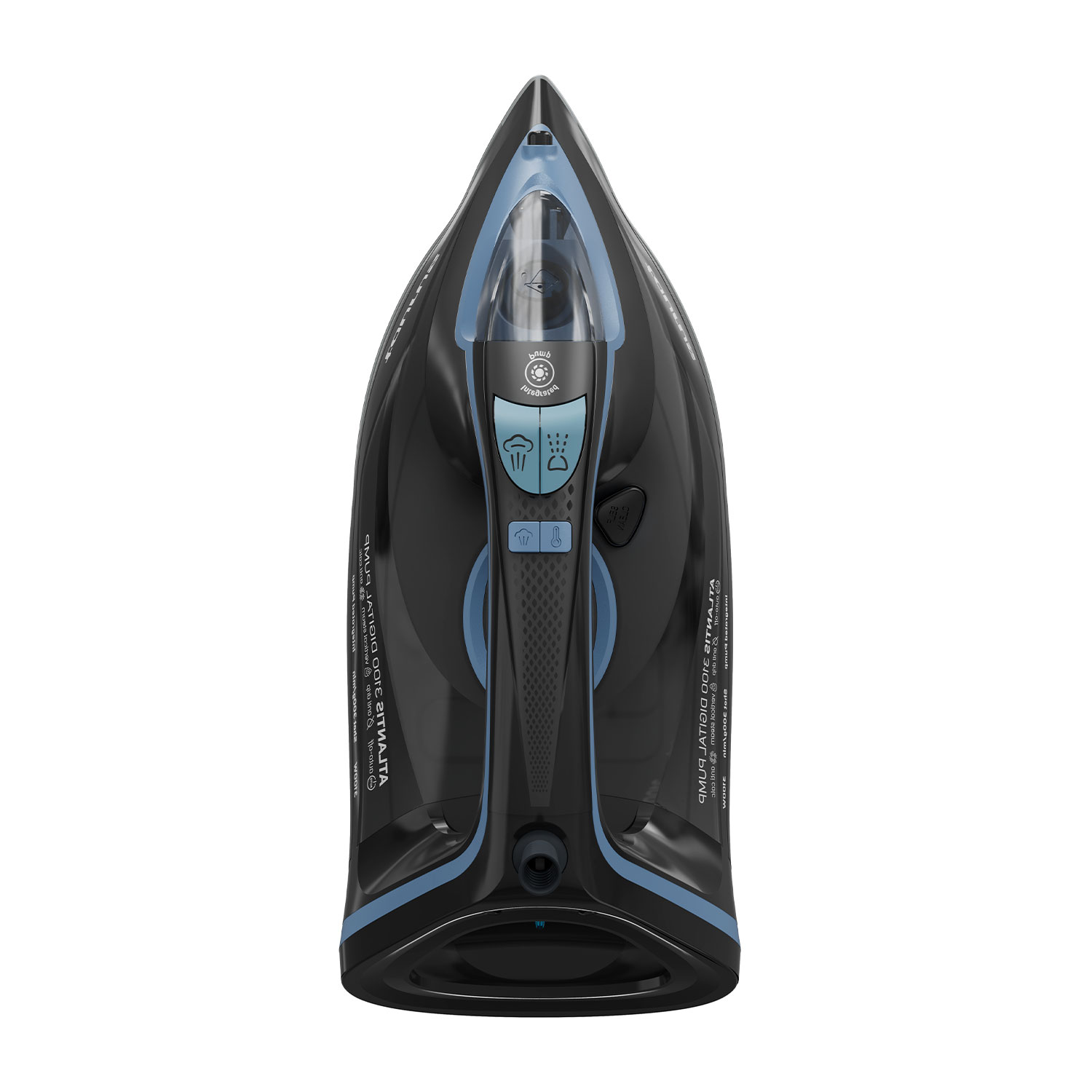 Plancha de vapor negra y azul con depósito de agua transparente y botones.