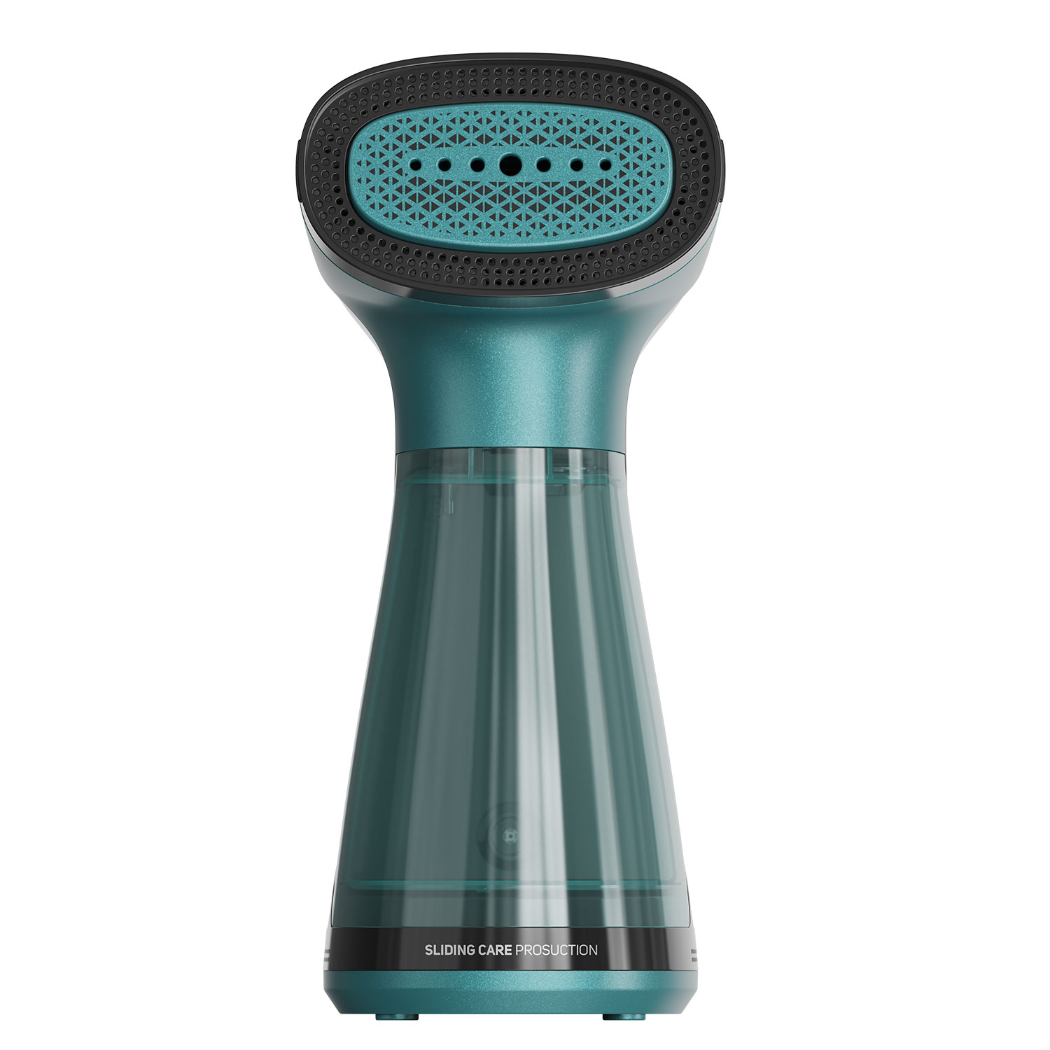 Un vaporizador de ropa de mano verde azulado con parte superior negra y verde azulado.