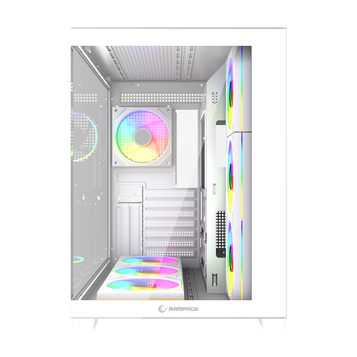 RGB fanlı ve cam ön panelli beyaz PC kasası.