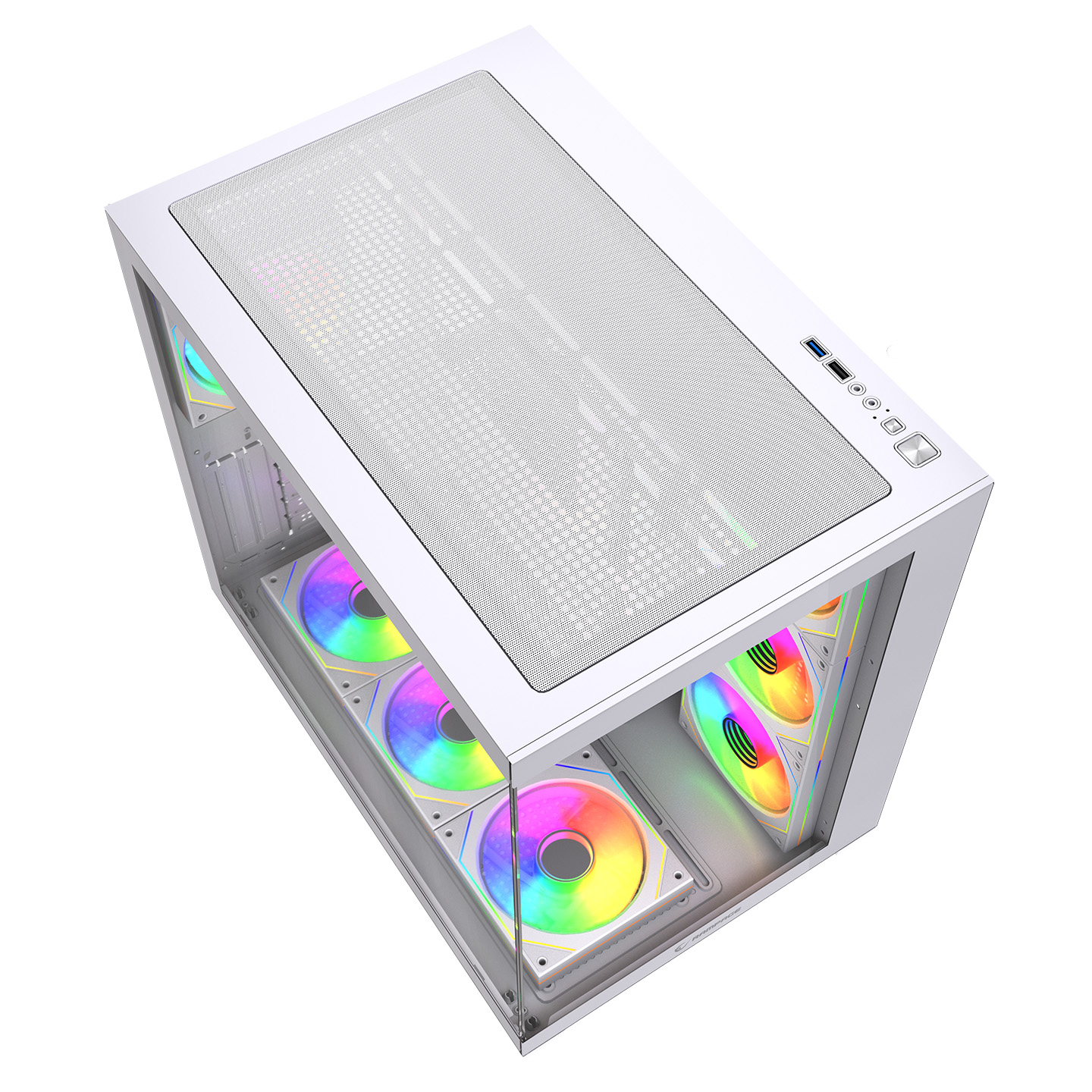 RGB fanlı ve cam önlü beyaz bilgisayar kasası.