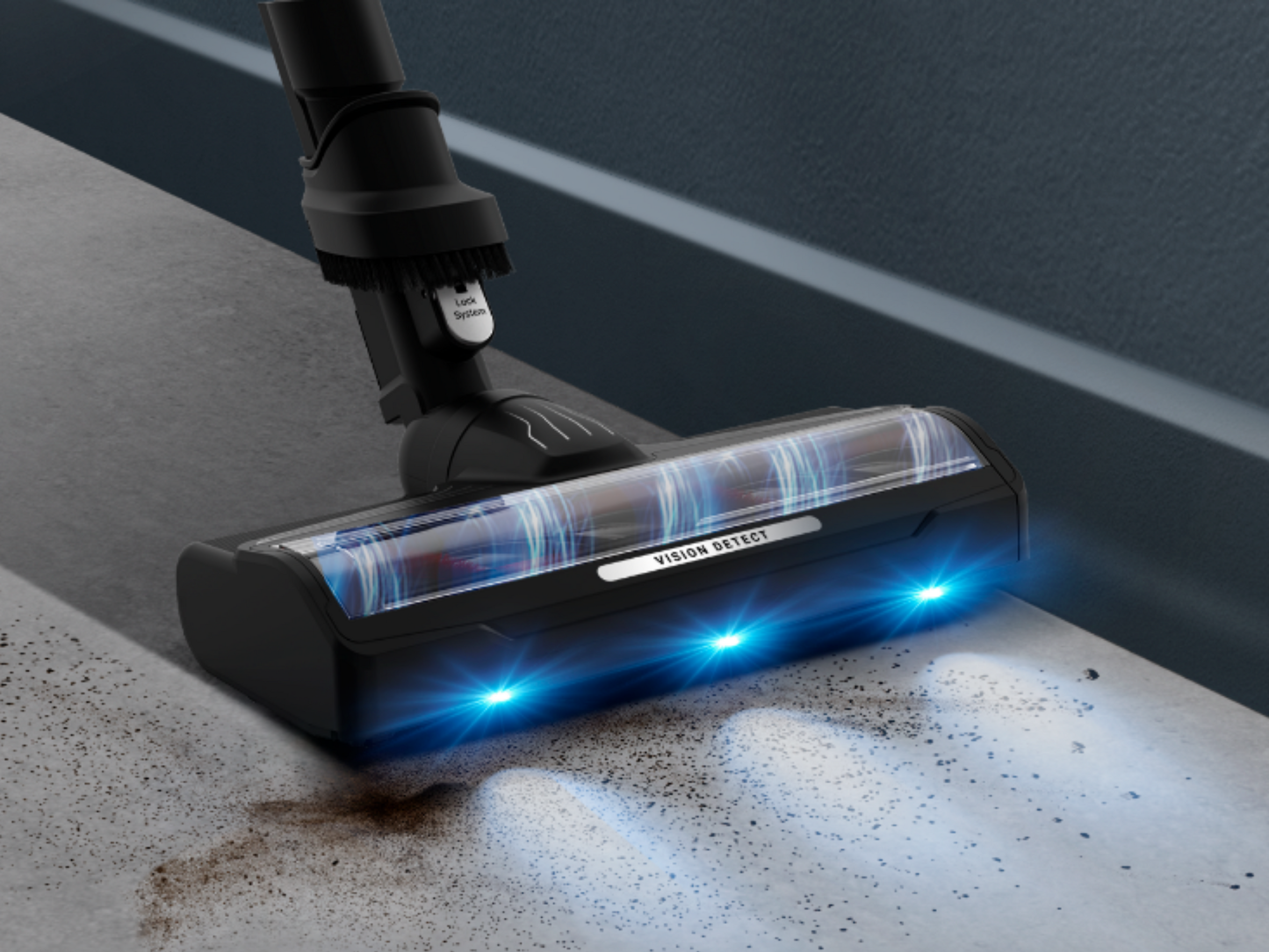 Un cabezal de aspiradora con luces azules limpia un suelo sucio.