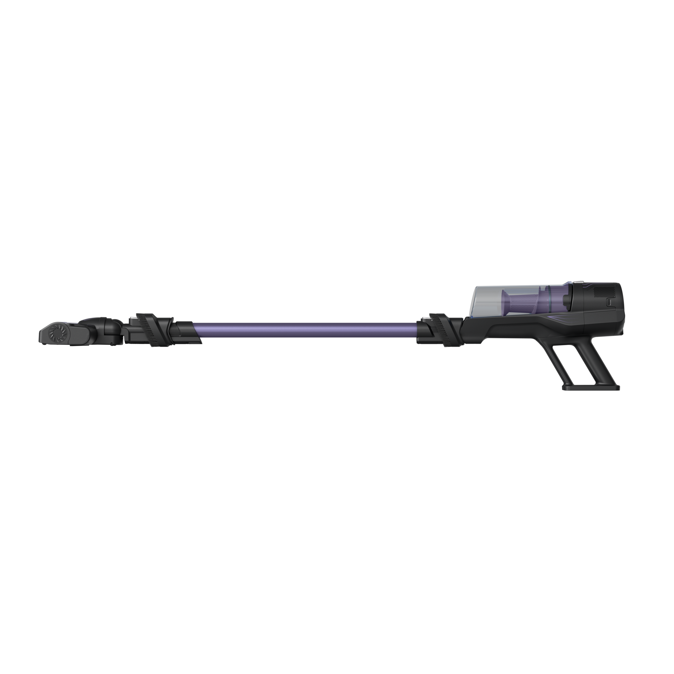 Una aspiradora negra con tubo morado y contenedor transparente.