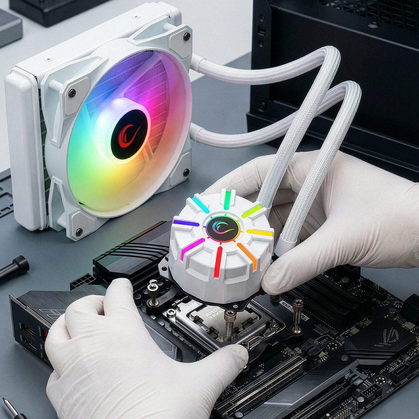 Beyaz eldivenli eller, siyah anakarta RGB ışıklı beyaz bir CPU soğutucu monte ediyor.