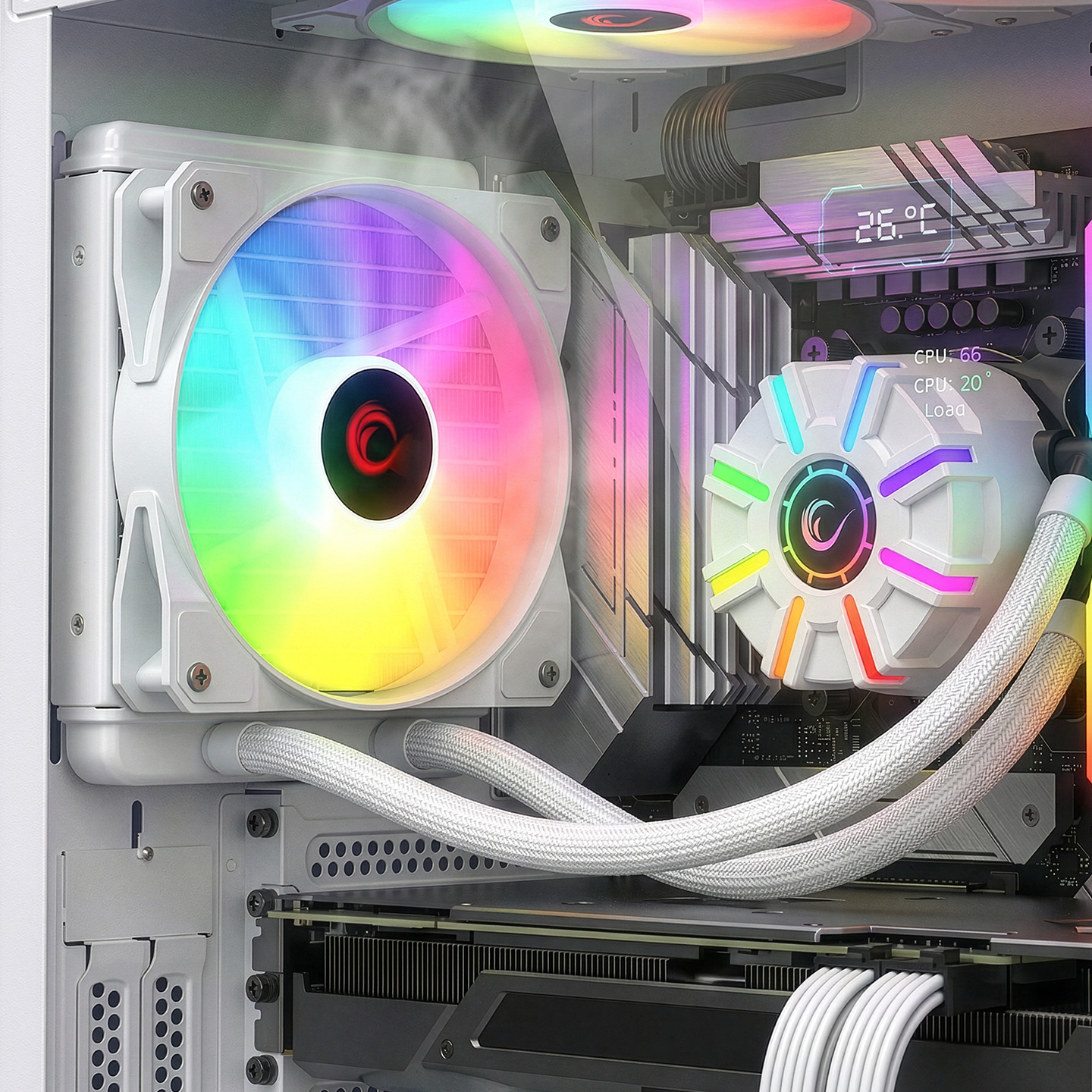RGB fanlar, pompa ve sıcaklık göstergeli bir PC kasası.
