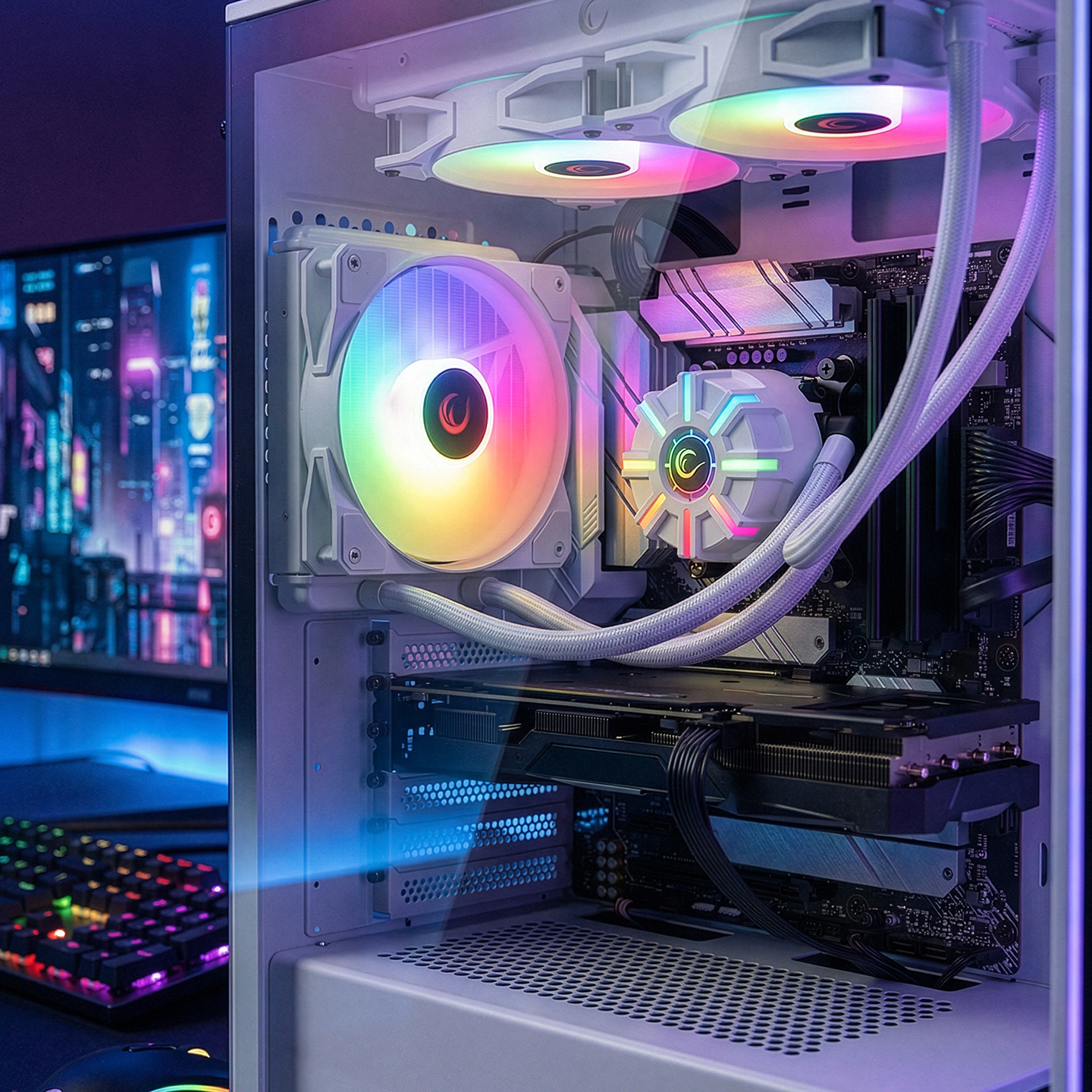 RGB fanlar, grafik kartı ve anakartı gösteren açık bir bilgisayar kasası.