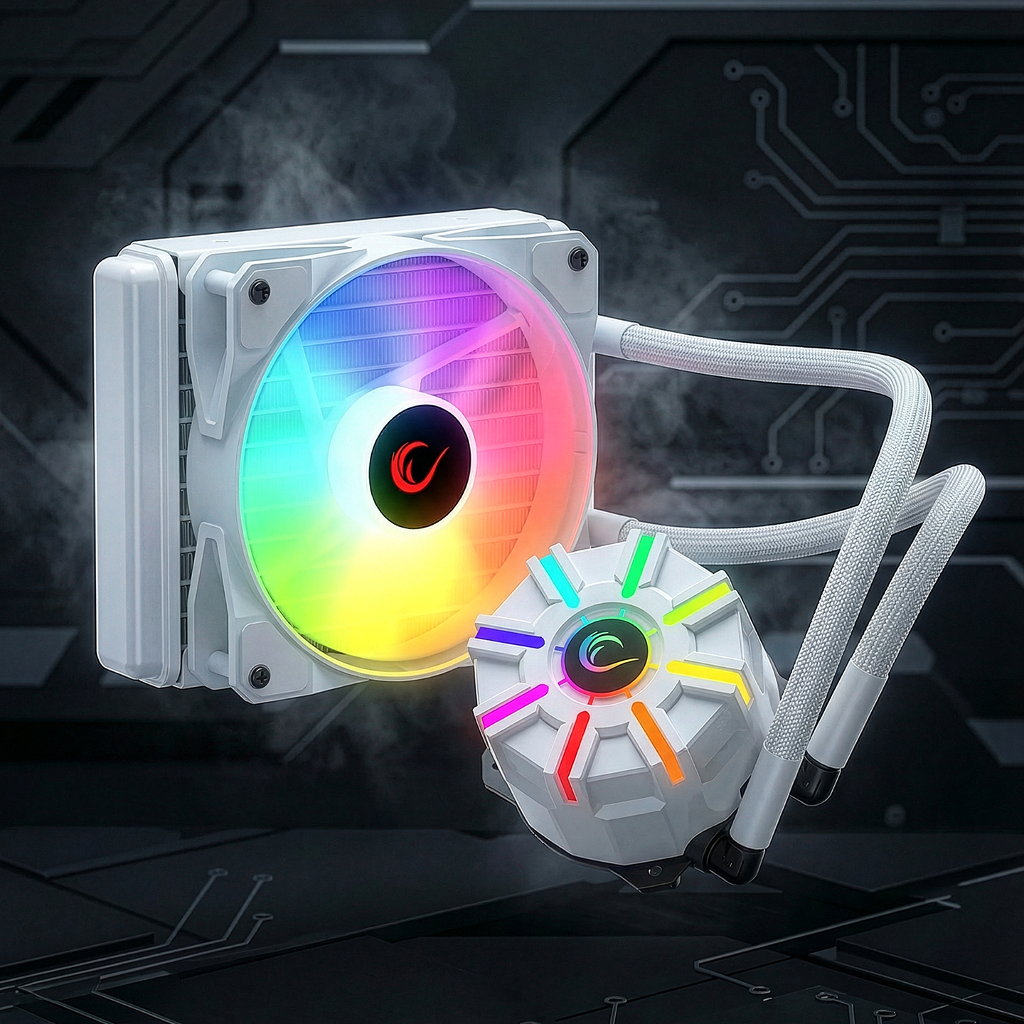 Koyu arka plan üzerinde RGB aydınlatmalı ve hortumlu beyaz CPU soğutucu.