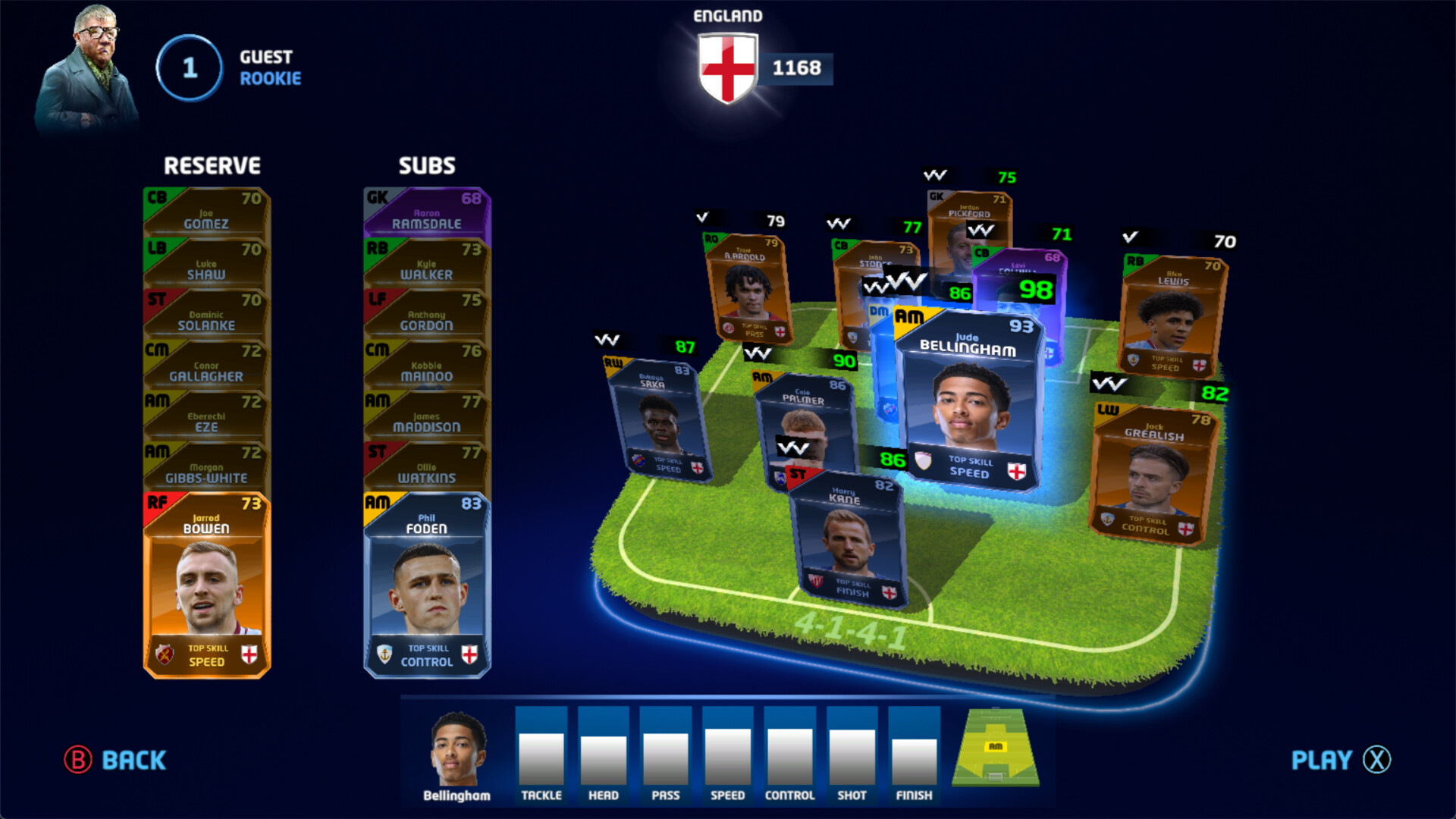 Alineación del equipo de fútbol de Inglaterra con nombres y valoraciones de jugadores en un campo virtual.